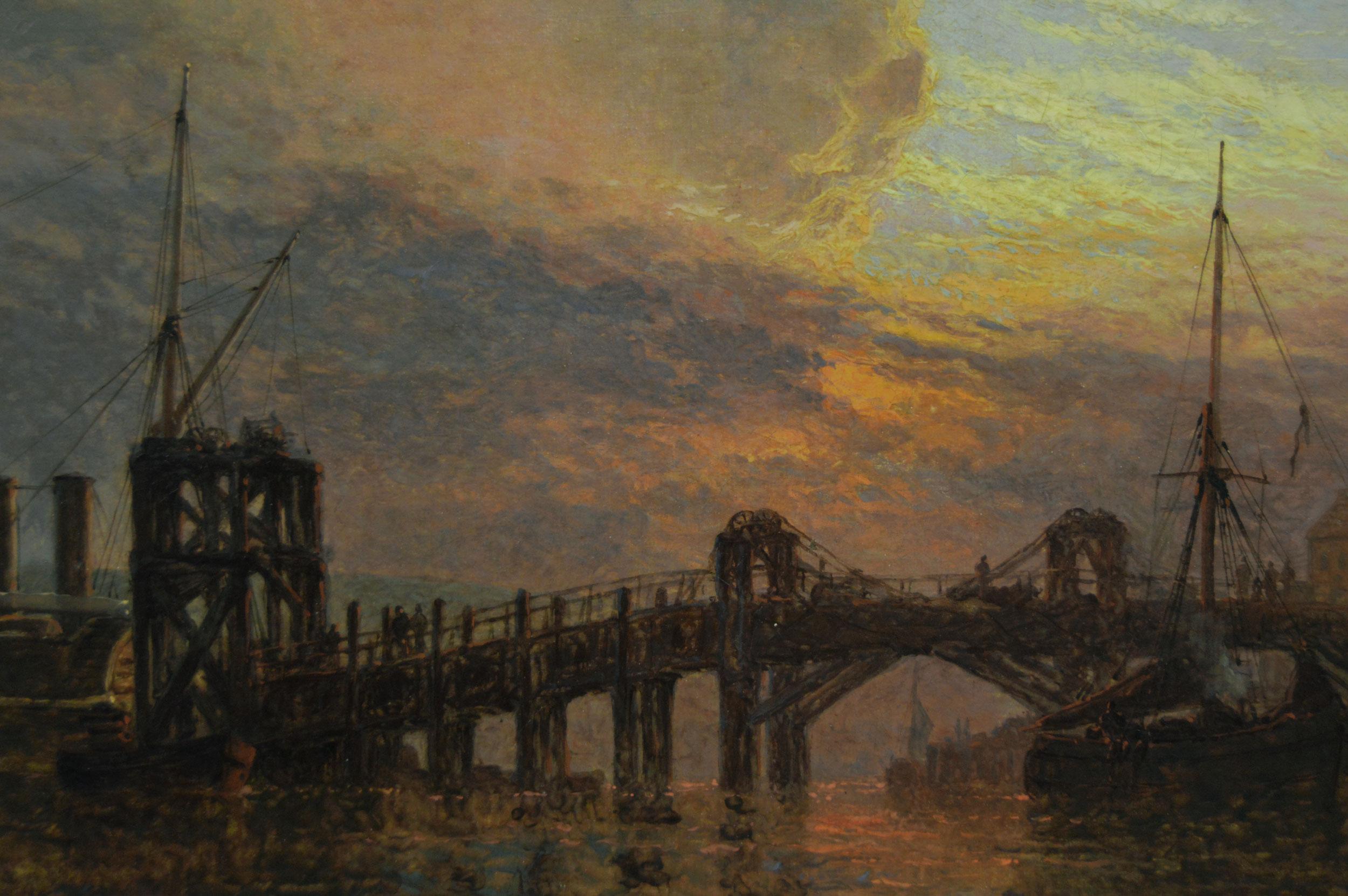 Dipinto ad olio del XIX secolo raffigurante navi al largo di un molo al tramonto - Landscape Painting Marrone di Henry Thomas Dawson