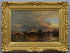 Antique 19th Century seascape oil painting of ships off a jetty at sunset
