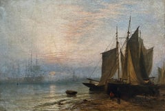 "Waiting for the Tide" Henry Thomas Dawson, British Sunset Seascape with Ship 
