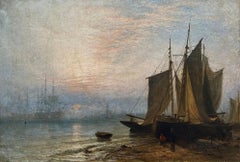 "Waiting for the Tide" Henry Thomas Dawson, British Sunset Seascape with Ship