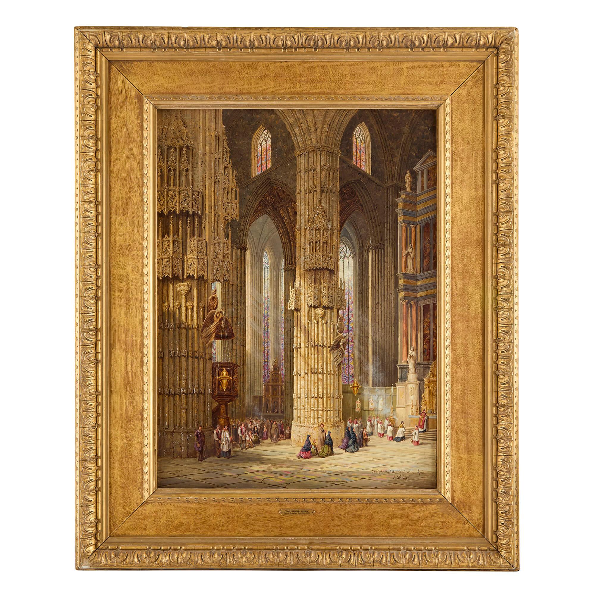 Church Interior Architecture San Miguel Xeres Henry Thomas Schafer Oil Painting
British, Late 19th Century
Canvas: Height 69cm, width 59cm
Frame: Height 98cm, width 80cm, depth 6cm

This exceptional oil painting by Henry Thomas Schafer (1854–1915)