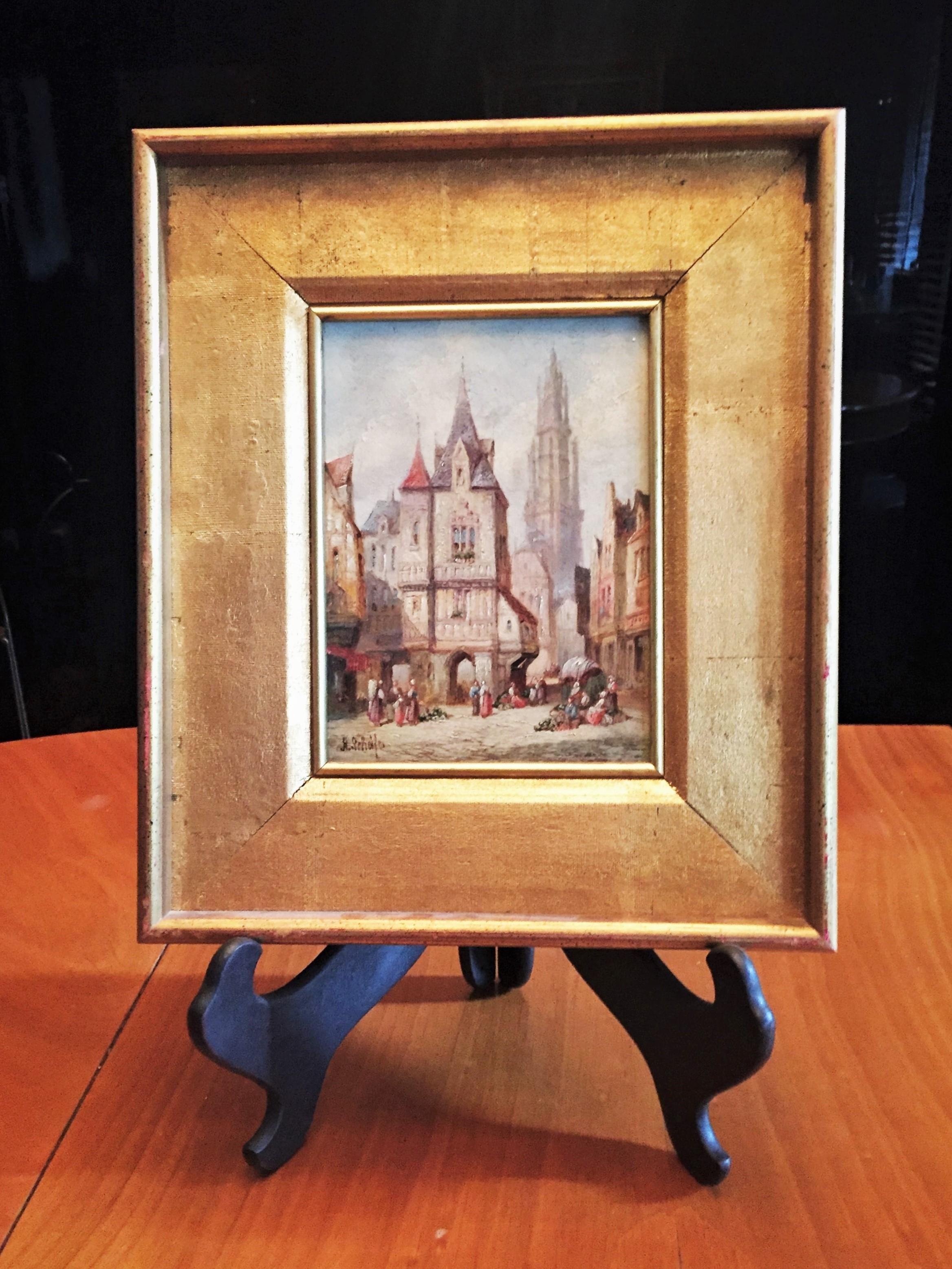 Signed: ‘H. Schafer’, lower left.
Media: Oil painting on canvas.
Dimensions (unframed): 7-7/8 X 6-1/6 inches; 
Dimensions (framed): 13-1/2 X 11-1/2 inches.
Condition: Fine, natural aging of canvas, stretcher and frame. 

This pair of antique,