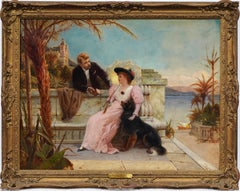 Antique English Seaside Elegant Mediterranean Coastal Landscape Figural Painting
