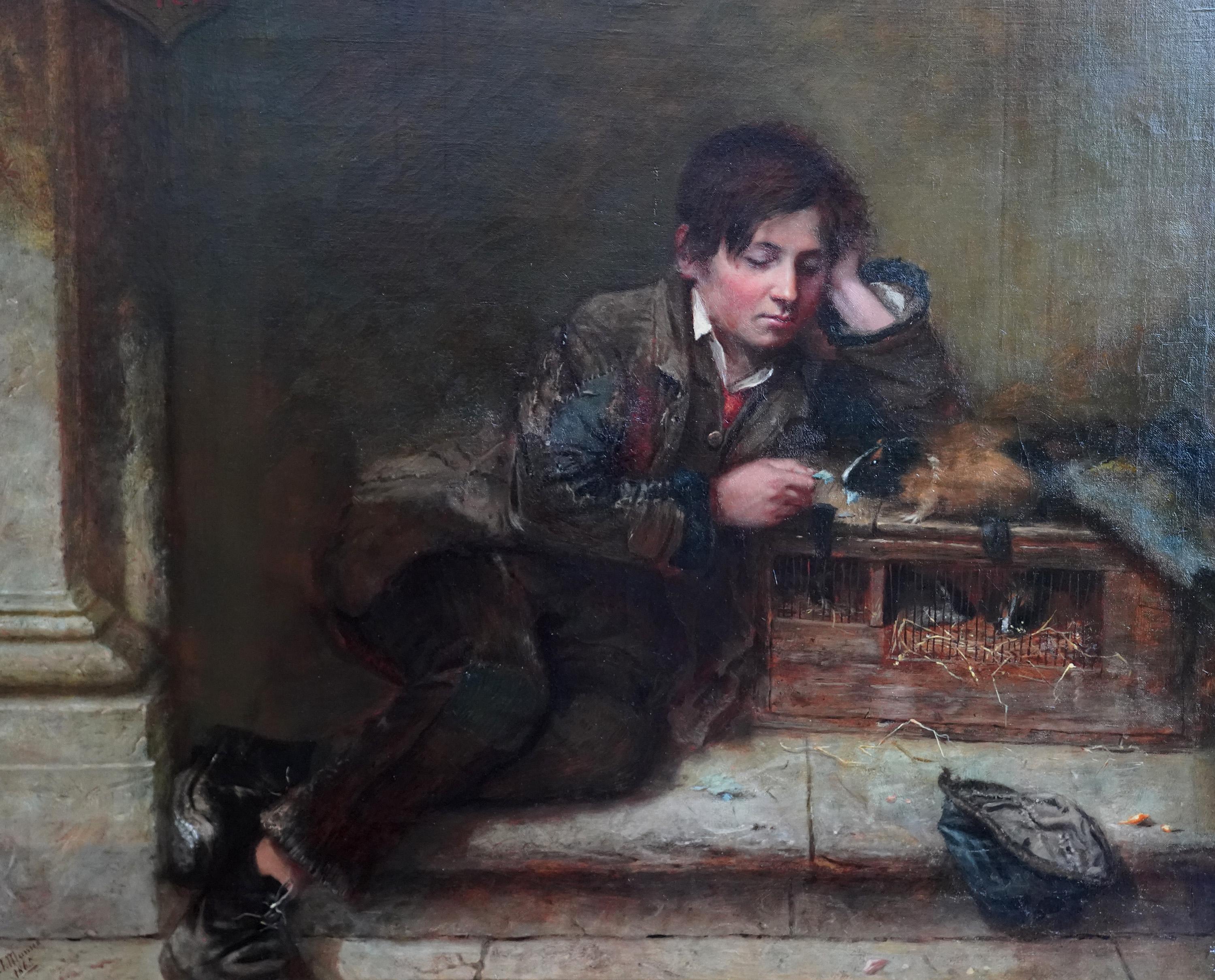 Boy with Guinea Pig - Peinture à l'huile d'un portrait masculin de l'art animalier victorien britannique - Painting de Henry Turner Munns