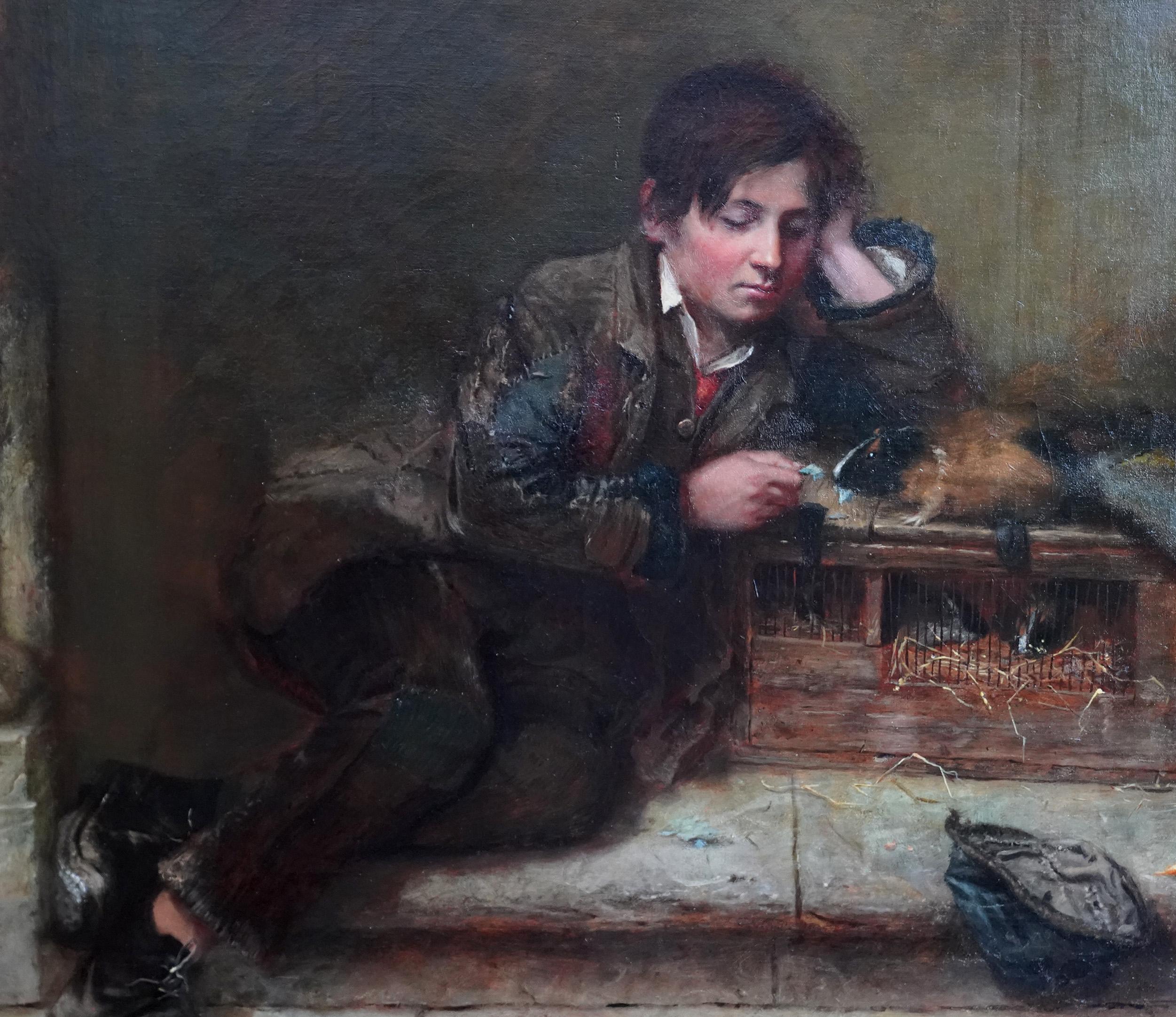 This charming British Victorian genre oil painting is by noted exhibited artist Henry Tuner Munns. It was painted in 1865 in realist palette with superb detail in the young boy's face and heavy impasto on his clothing. The subject is a boy in ragged