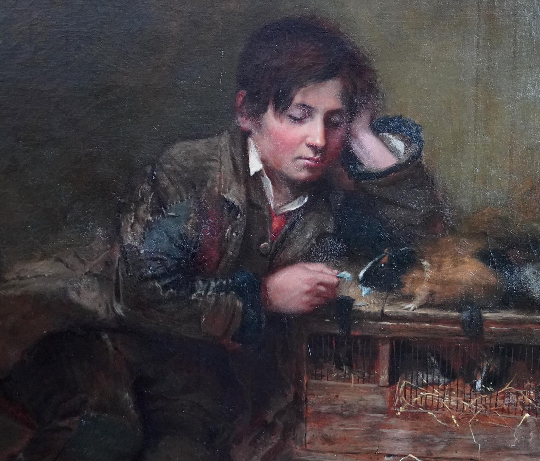 Boy with Guinea Pig - British Victorian animal art male portrait oil painting For Sale 1