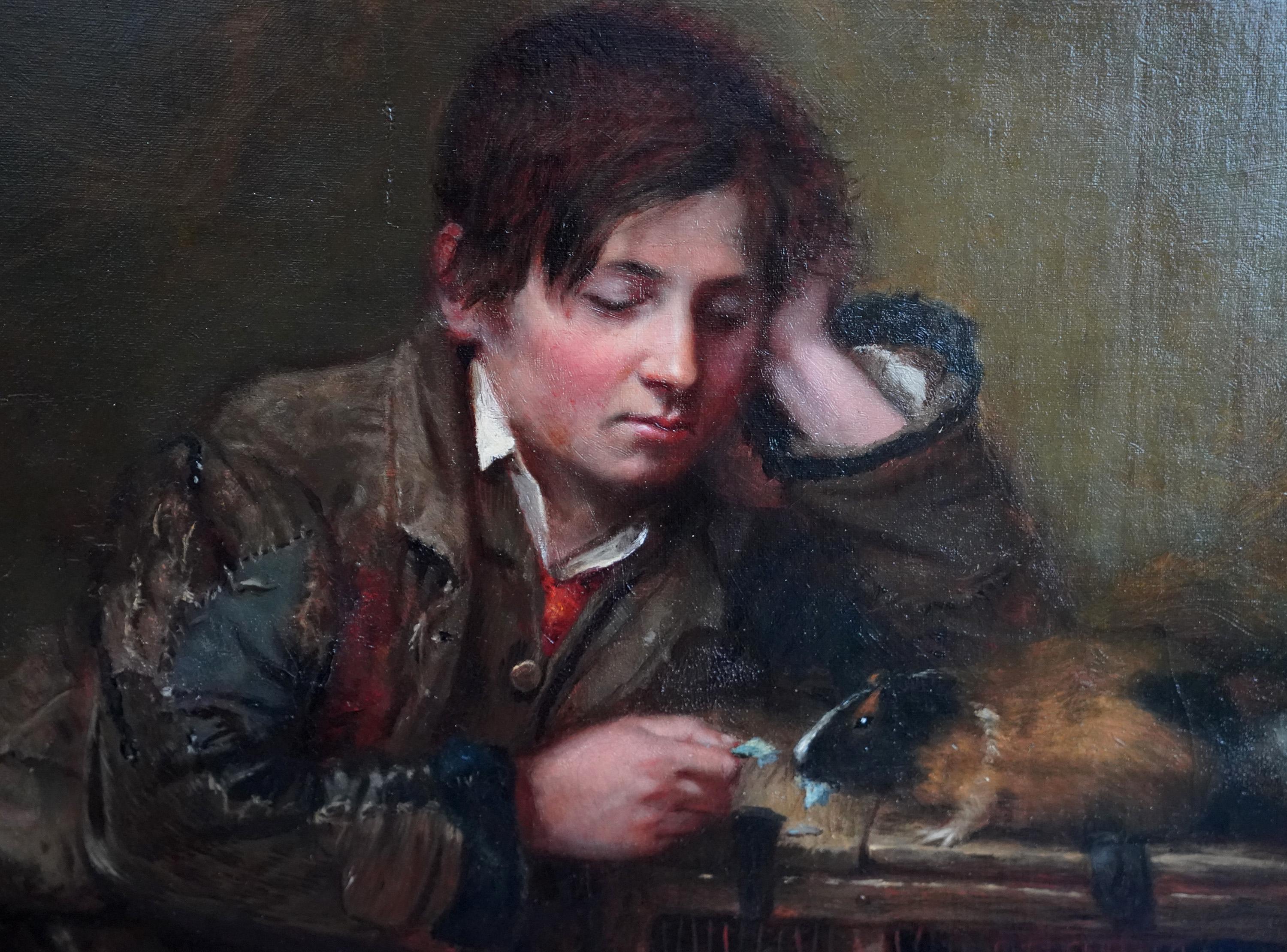 Boy with Guinea Pig - Peinture à l'huile d'un portrait masculin de l'art animalier victorien britannique en vente 2