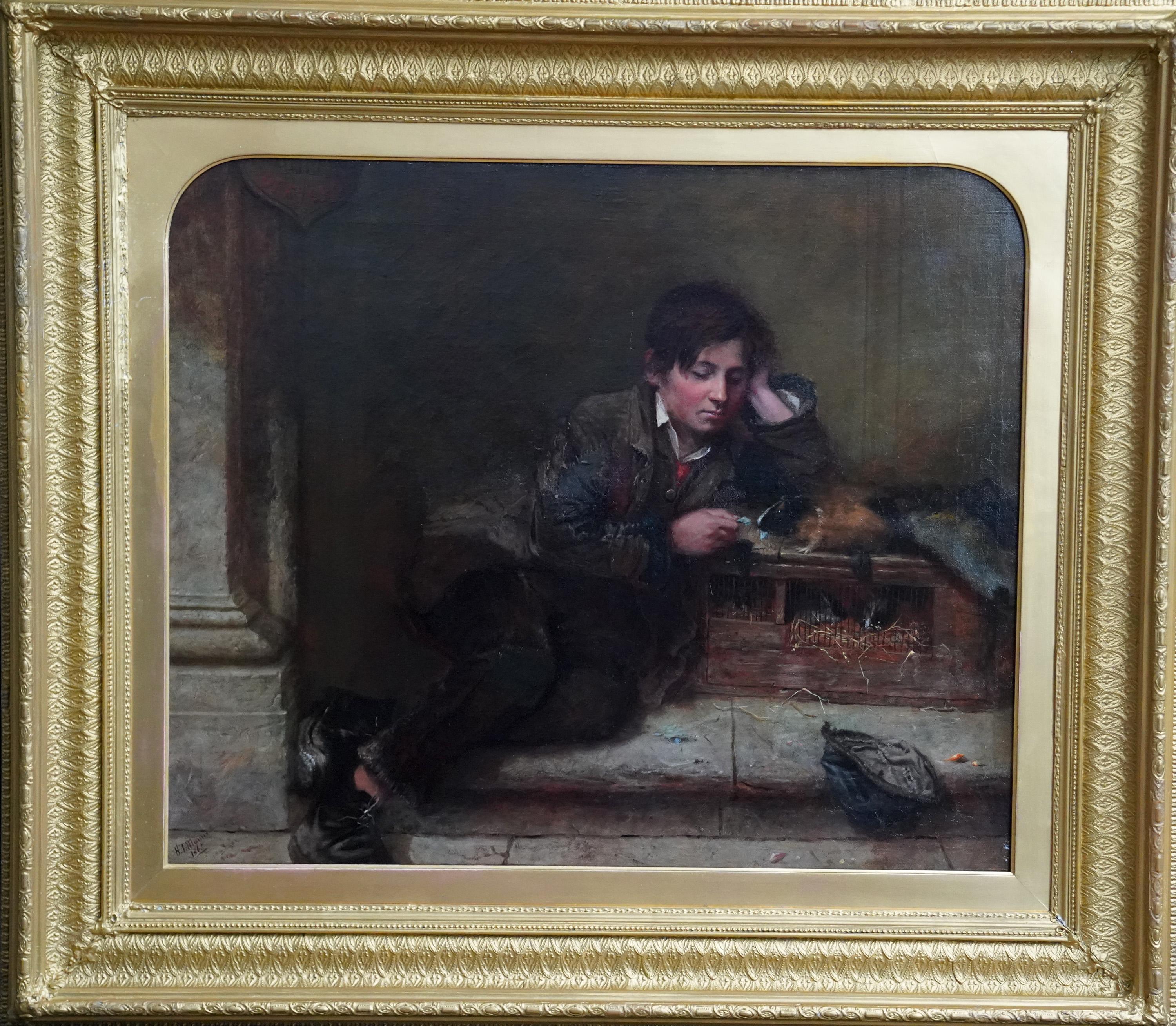Henry Turner Munns Animal Painting - Boy with Guinea Pig - British Victorian animal art male portrait oil painting