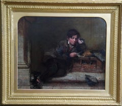 Niño con cobaya - Pintura al óleo victoriana británica de arte animal retrato masculino