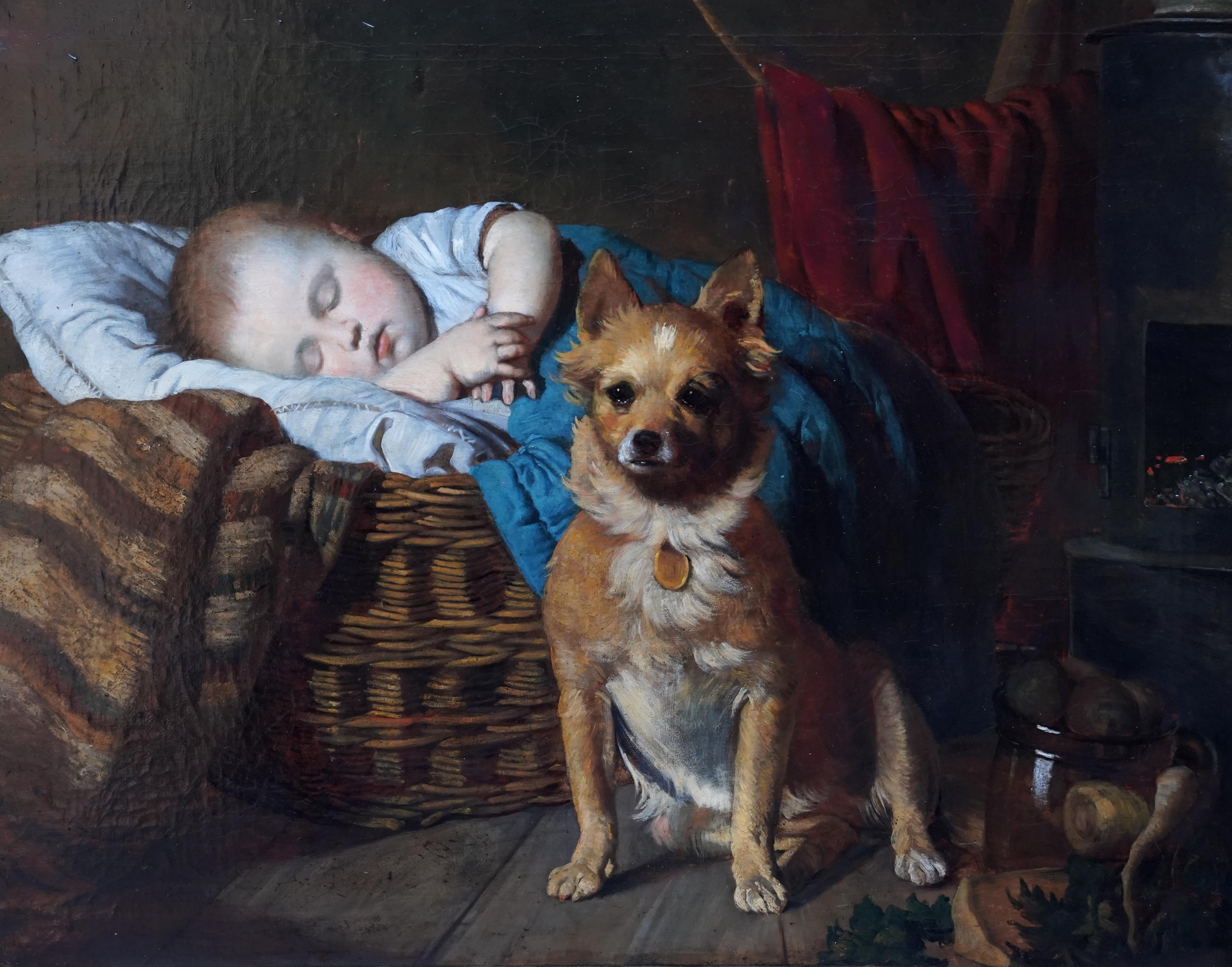 Portrait of a Baby and Dog - British Victorian Genre animal art oil painting  - Painting by Henry Turner Munns