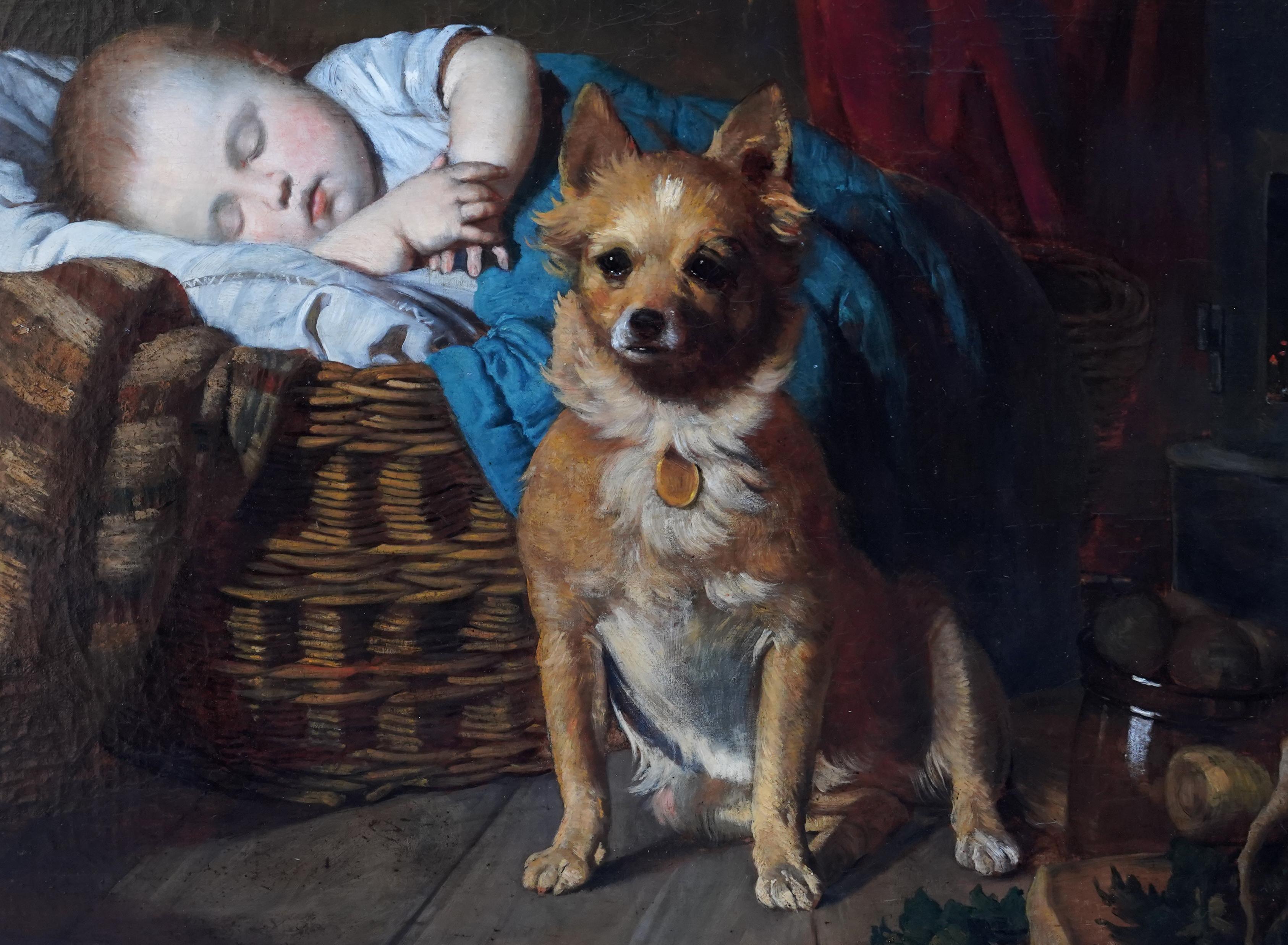 Portrait of a Baby and Dog - British Victorian Genre animal art oil  painting For Sale at 1stDibs