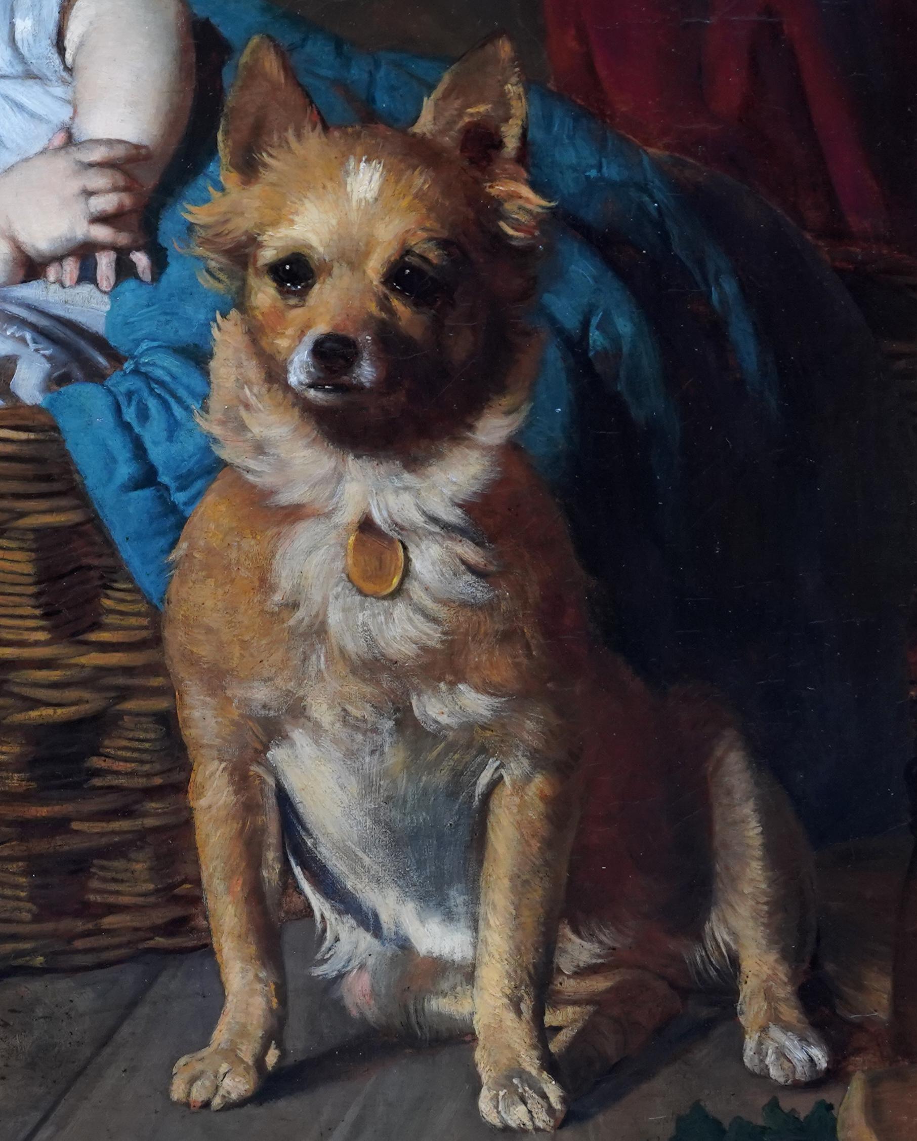Cette charmante peinture à l'huile de genre victorienne britannique est attribuée à l'artiste exposé Henry Turner Munns. Peinte vers 1870, la composition représente un bébé près de l'âtre, endormi dans un panier et gardé par un petit chien terrier.