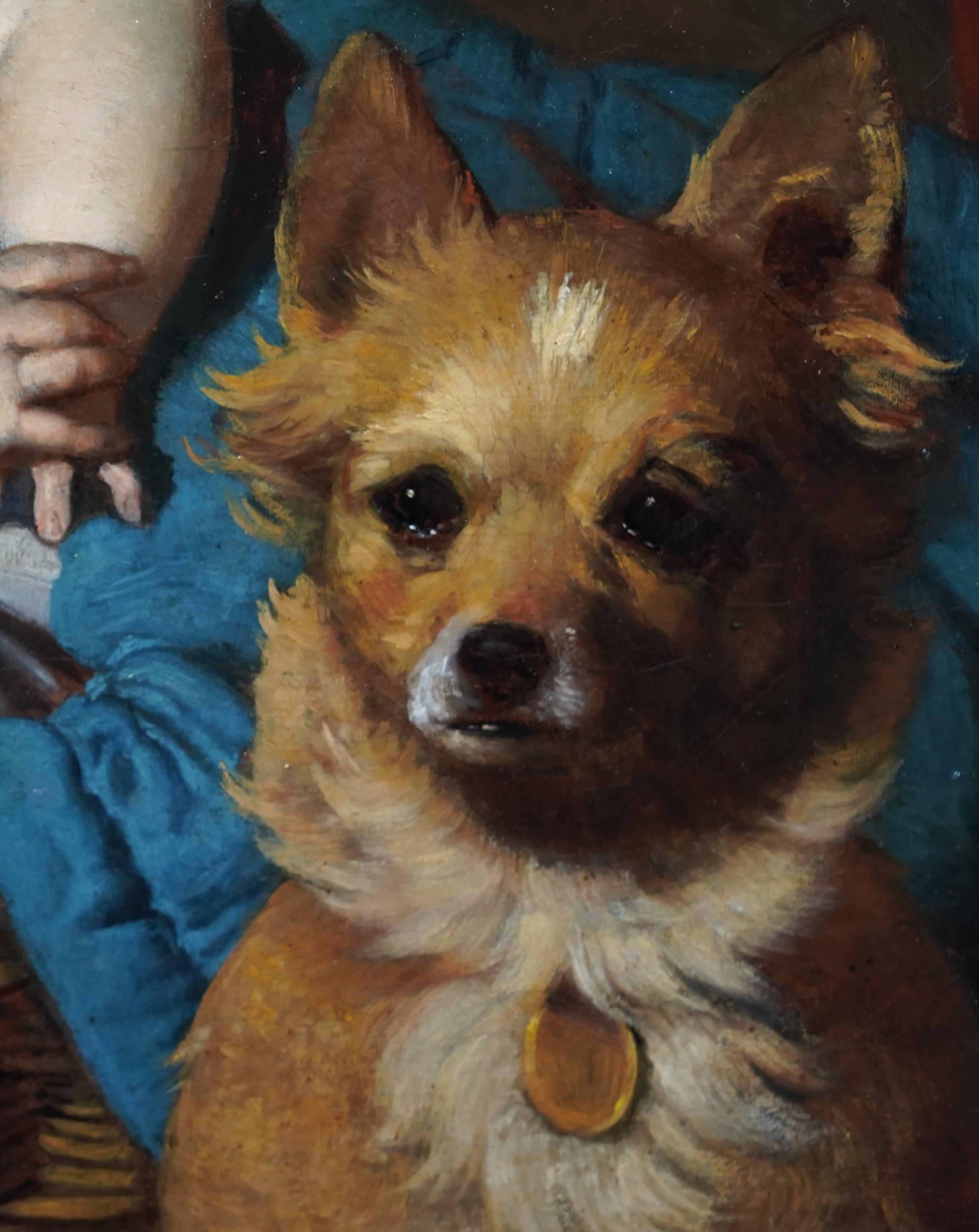 Portrait d'un bébé et d'un chien - Peinture à l'huile d'art animalier de genre victorien britannique  en vente 1