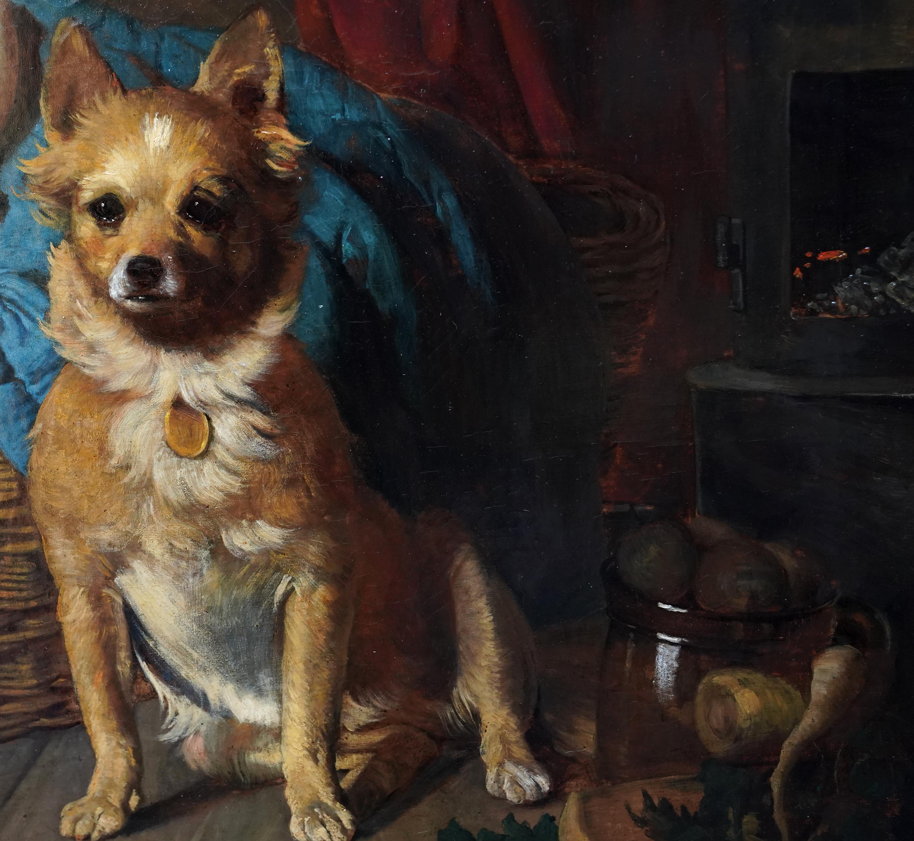 This charming British Victorian genre oil painting is by attributed to noted exhibited artist Henry Turner Munns. Painted circa 1870 the composition is of a baby by a hearth, asleep in a basket and being guarded by a little terrier dog. The child