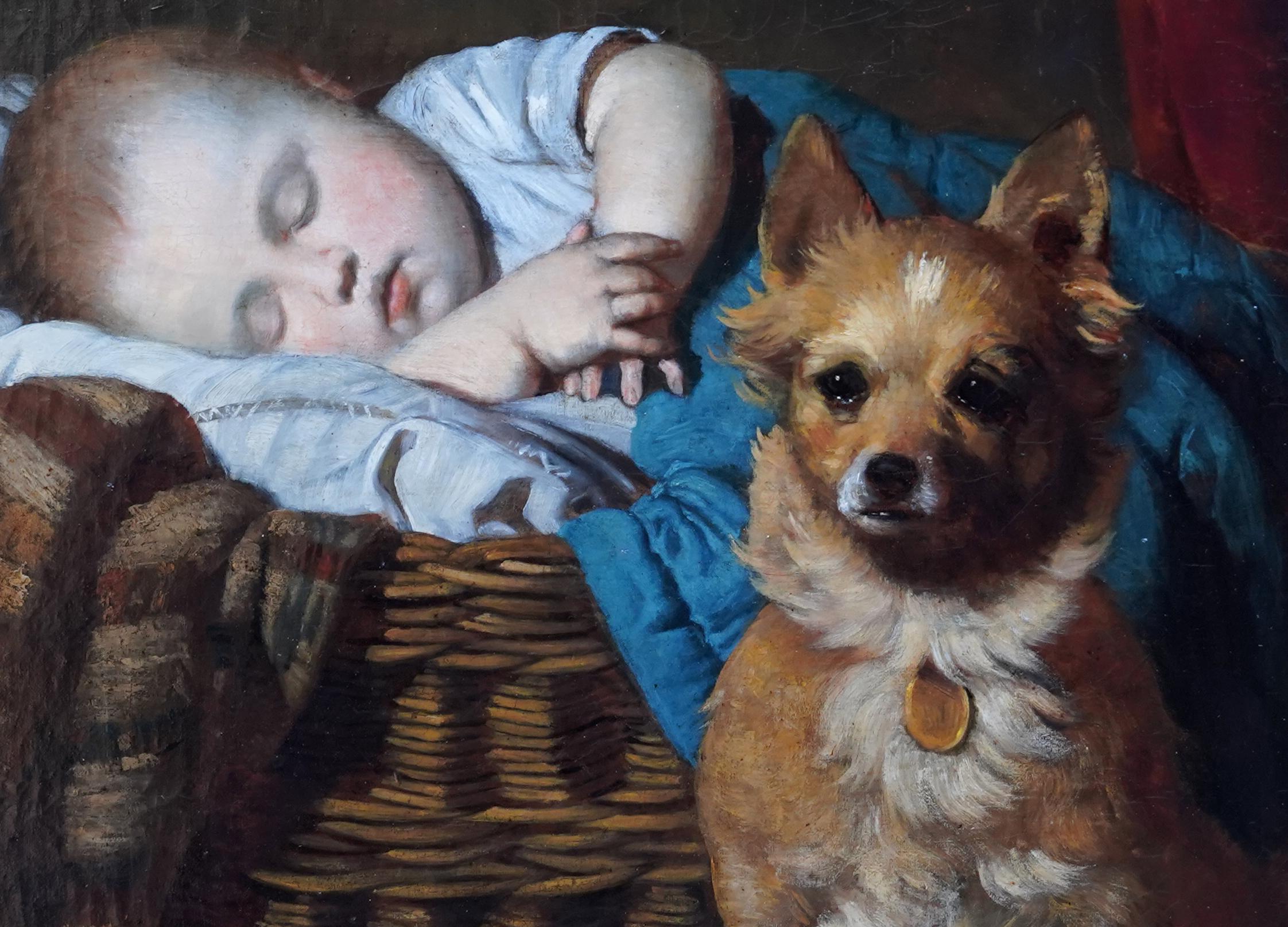 Portrait of a Baby and Dog - British Victorian Genre animal art oil painting  For Sale 1