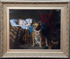 Antique Portrait of a Baby and Dog - British Victorian Genre animal art oil painting 