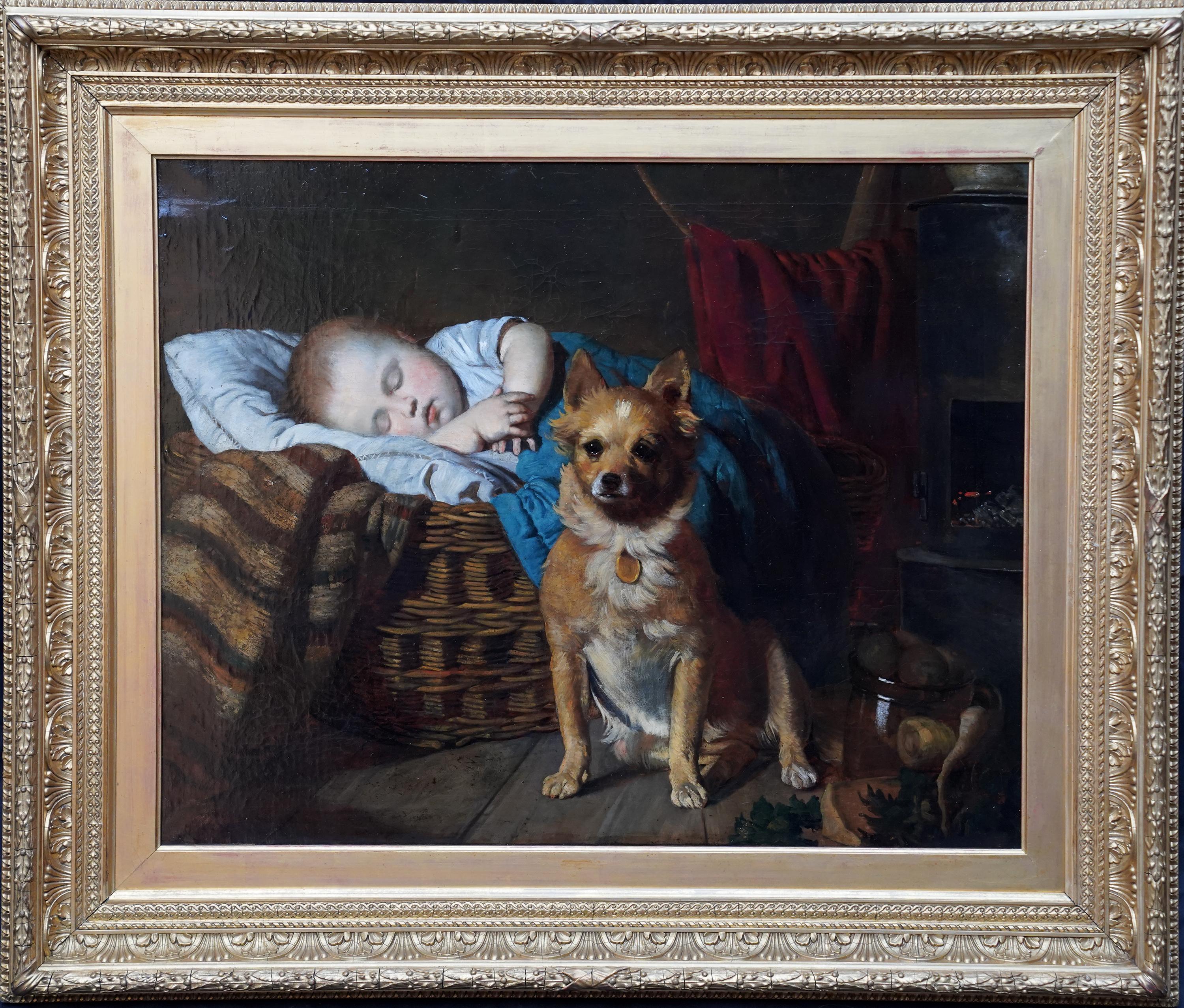 Portrait d'un bébé et d'un chien - Peinture à l'huile d'art animalier de genre victorien britannique 