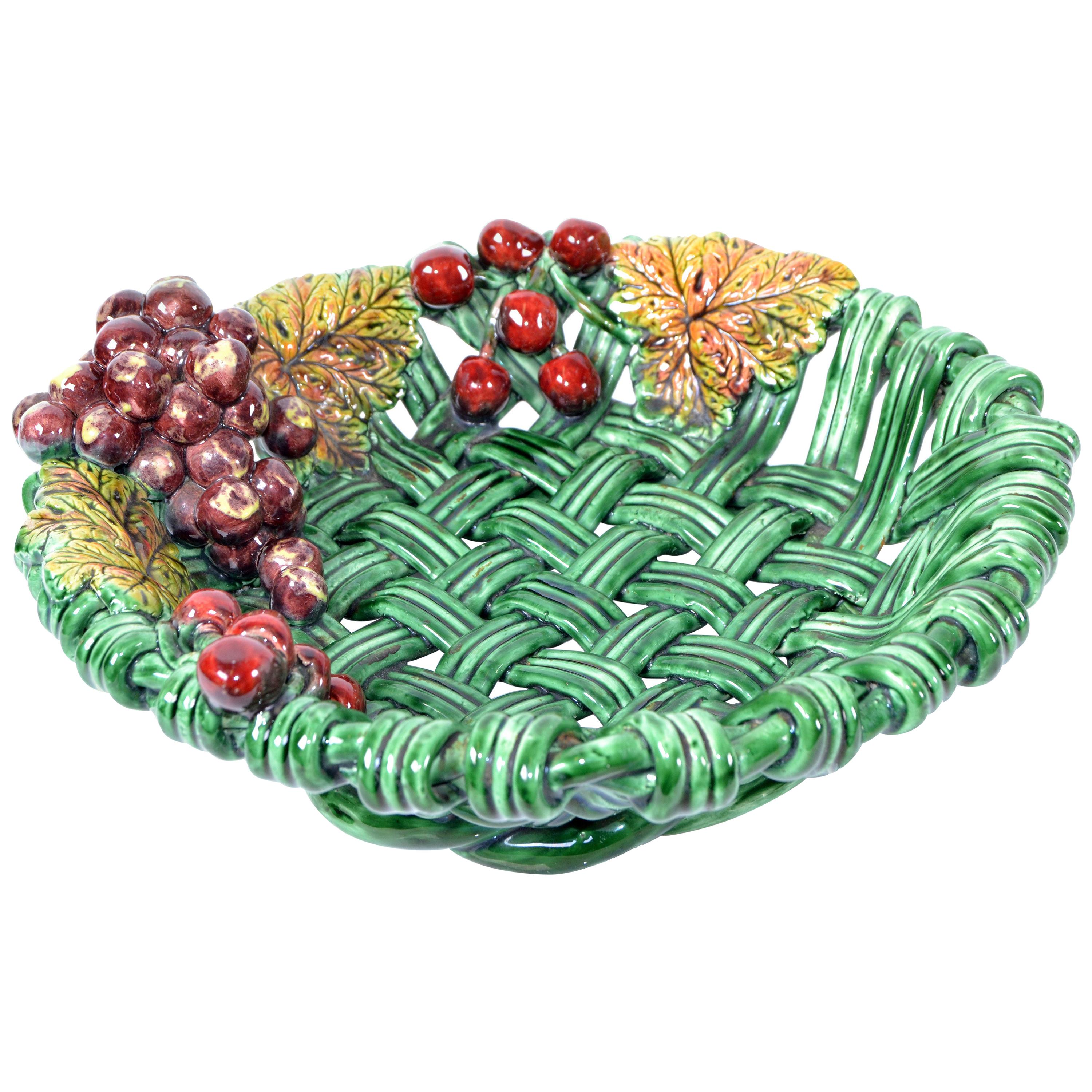 Henry Vallauris France Ceramic Harvest Basket Green and Red Mid-Century Modern