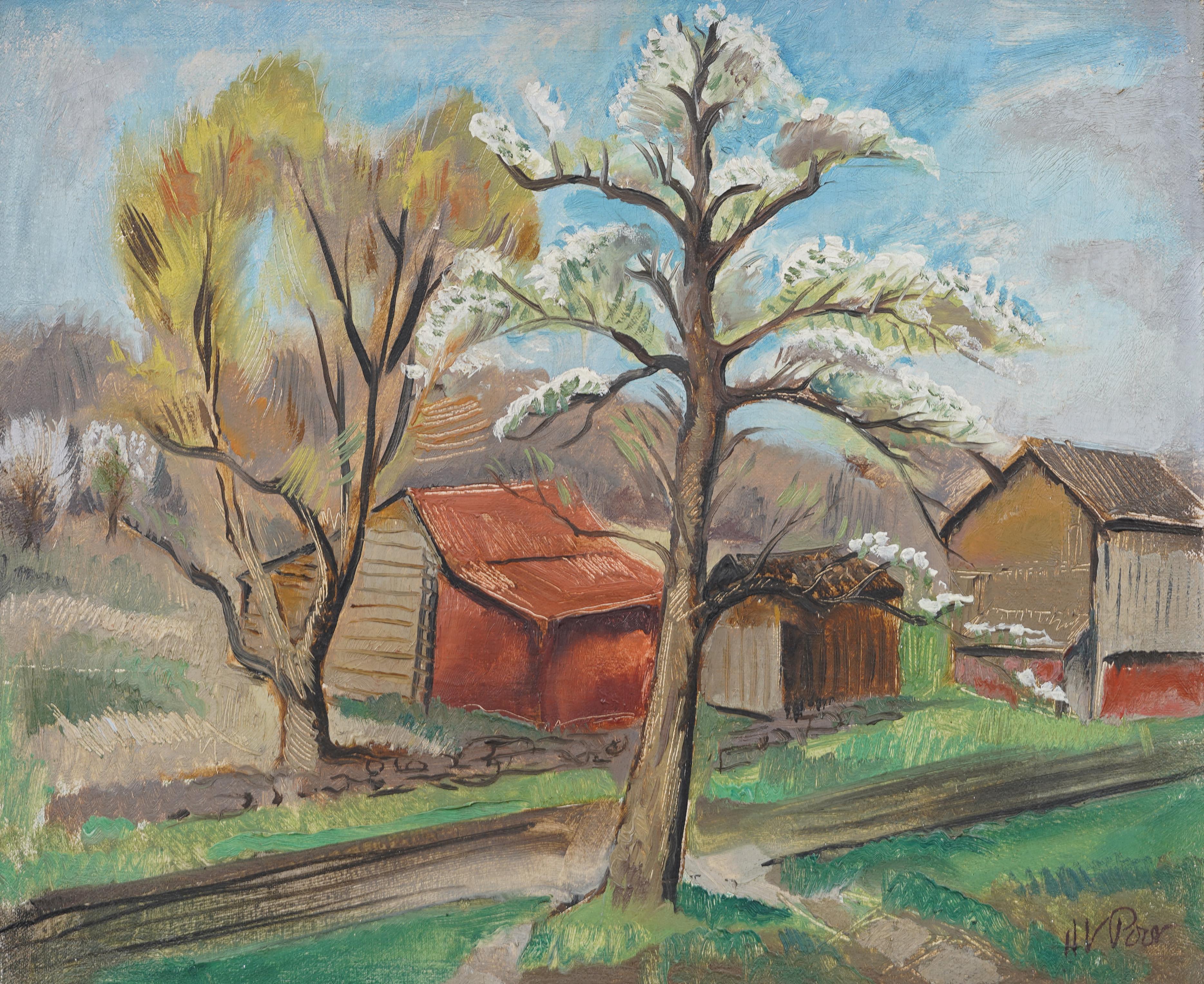 This vibrant oil painting by Henry Varnum Poor (American, 1888–1970) captures a blooming spring landscape with barns, budding trees, and bright skies rendered in expressive, textural brushwork. Poor, a celebrated American Scene painter and WPA