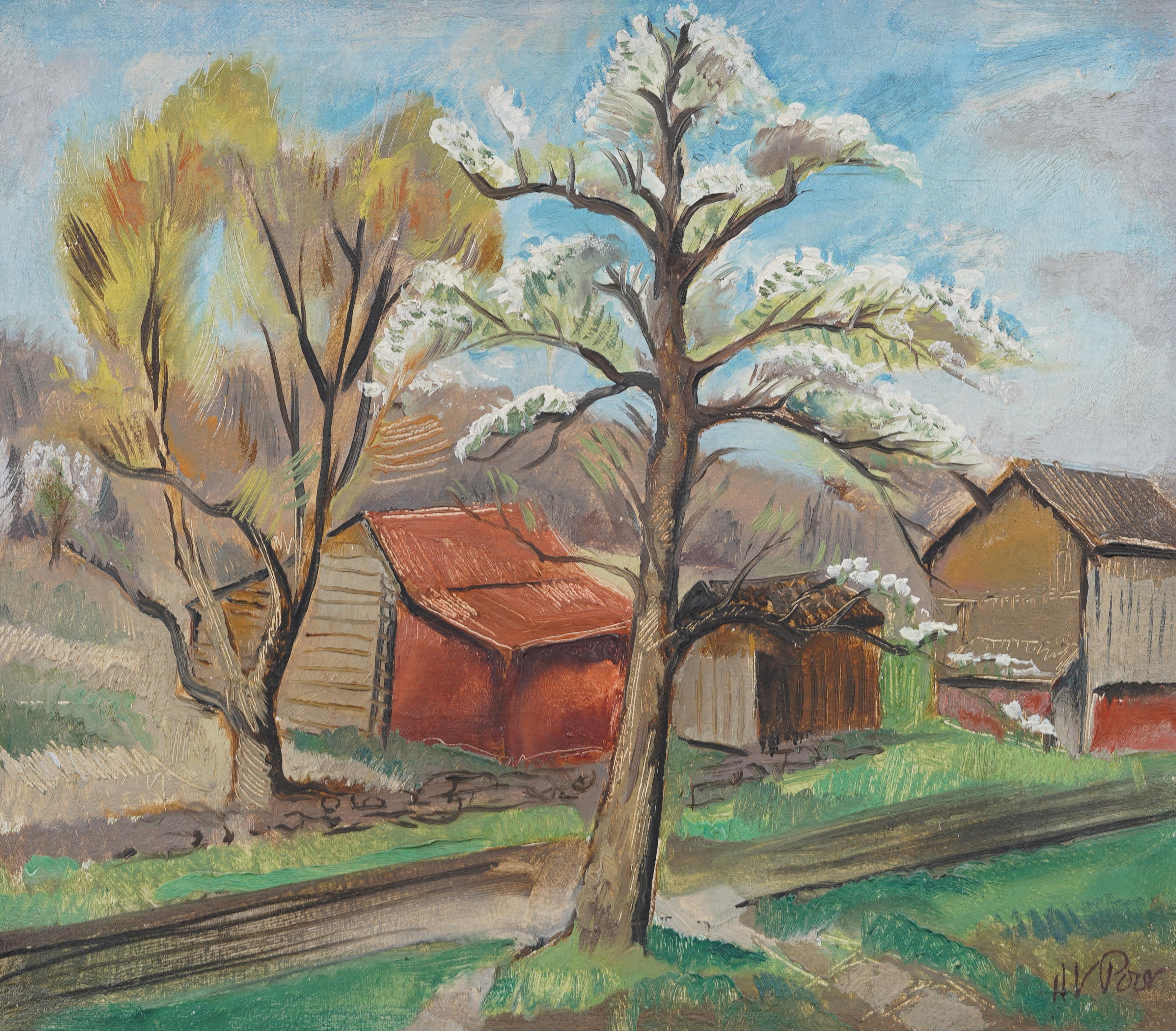 Antique American Modernist Barn Landscape Framed Regional Signed Oil Painting For Sale 1