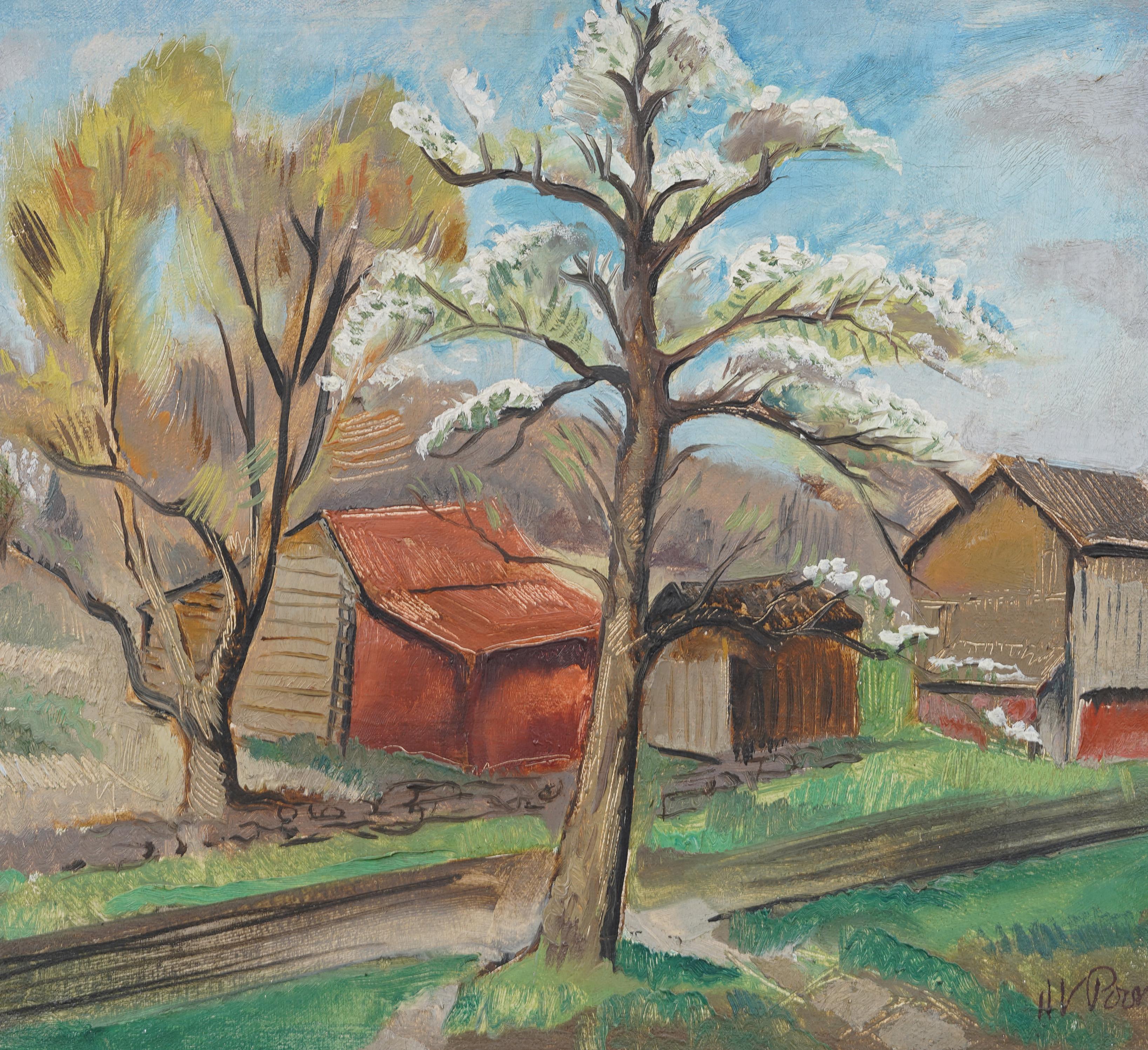 Antique American Modernist Barn Landscape Framed Regional Signed Oil Painting For Sale 2