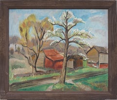 Vintage American Modernist Barn Landscape Framed Regional Signed Oil Painting
