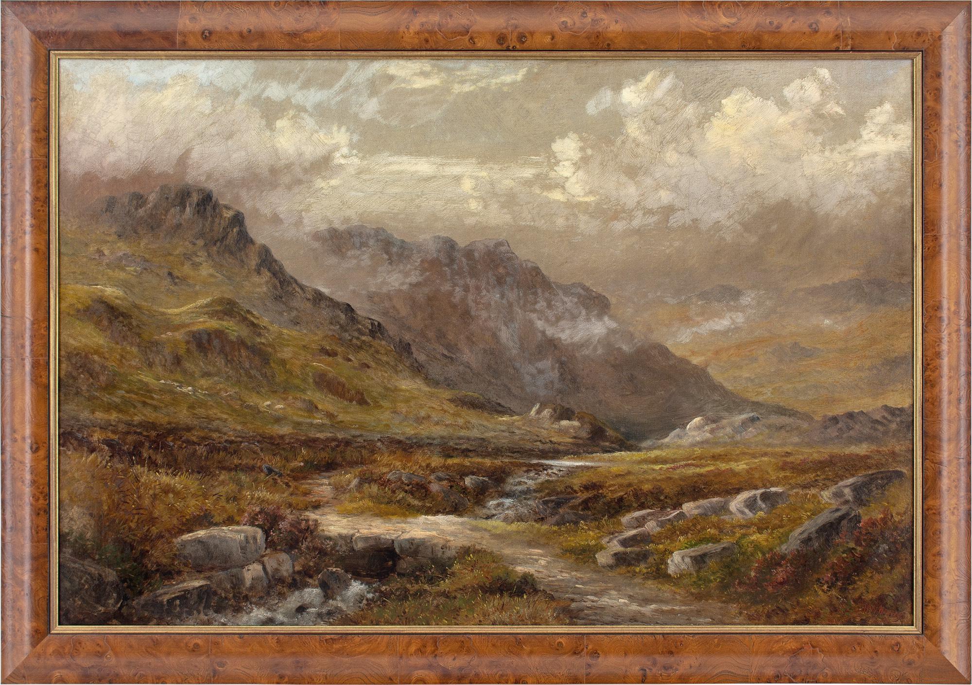 Cette peinture à l'huile de la fin du XIXe siècle de l'artiste britannique Henry W HenRY (fl. 1871-1895) représente un paysage de montagne avec un ruisseau sinueux.

Henry W. HENRY était un peintre paysagiste réputé, principalement connu pour ses