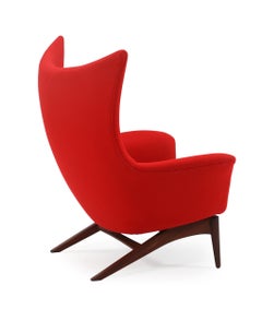 Henry W. Klein Danish Mid Century Easy Rocking Chair With Teak in Red Wool