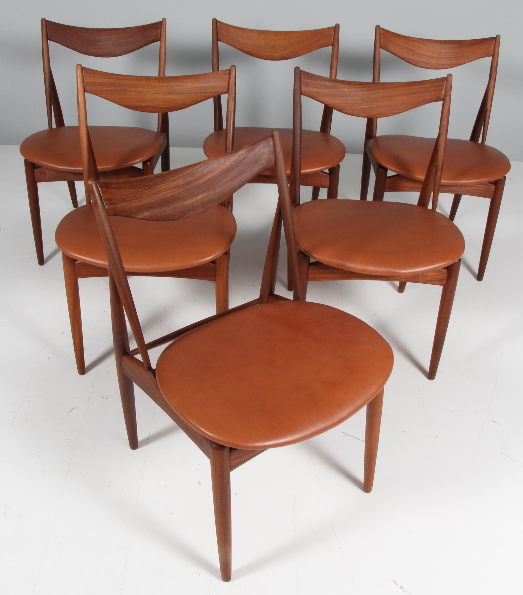 Henry Walter Klein six dining chairs in solid teak.

New upholstered with full grain aniline leather.

Made by Bramin, 1960s.
