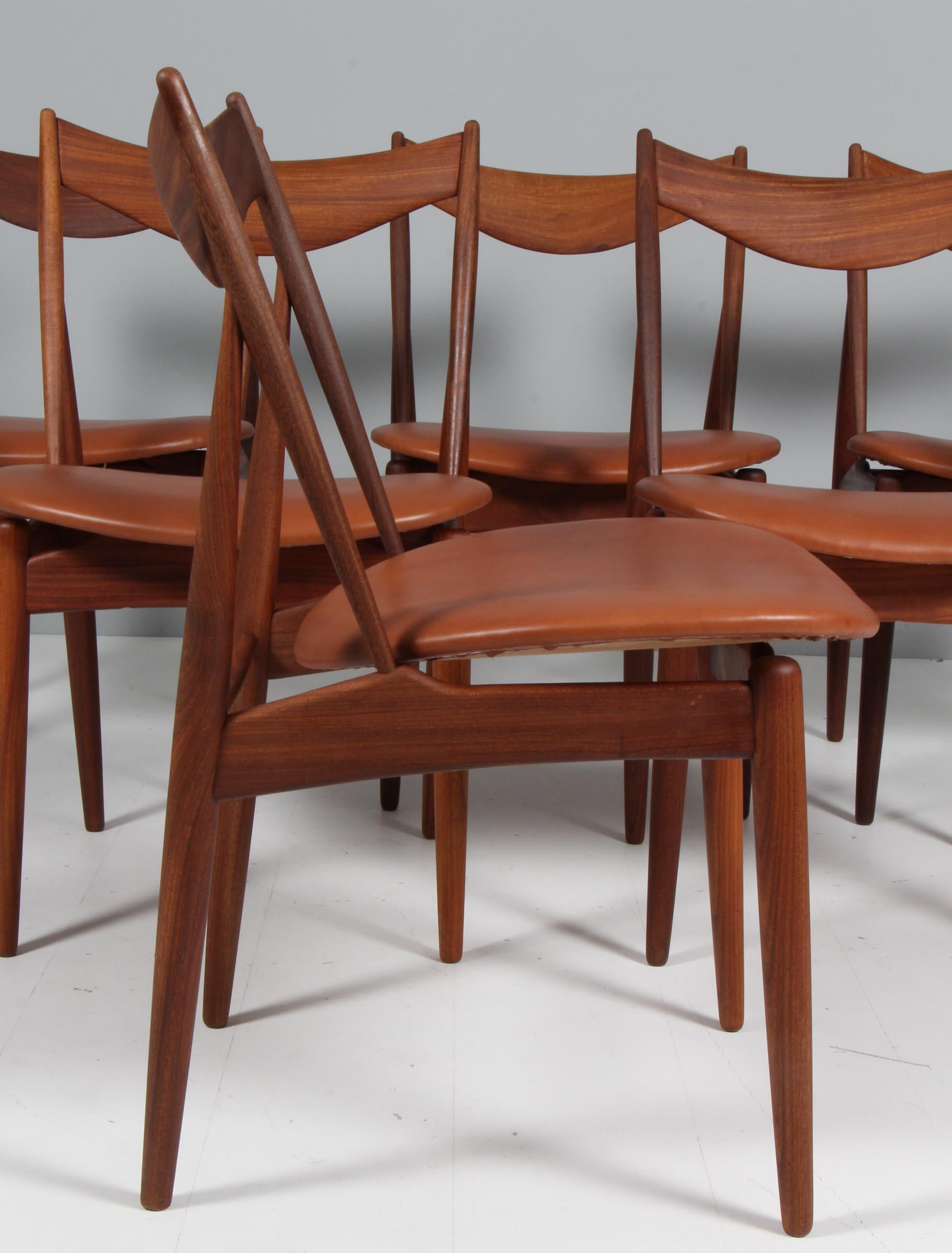 Mid-20th Century Henry W. Klein Six Dining Chairs, teak and full grain leather