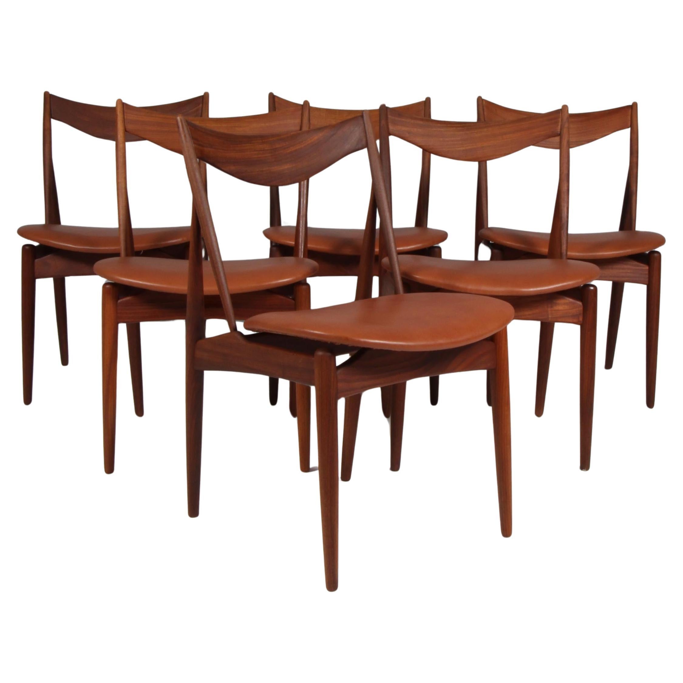 Henry W. Klein Six Dining Chairs, teak and full grain leather
