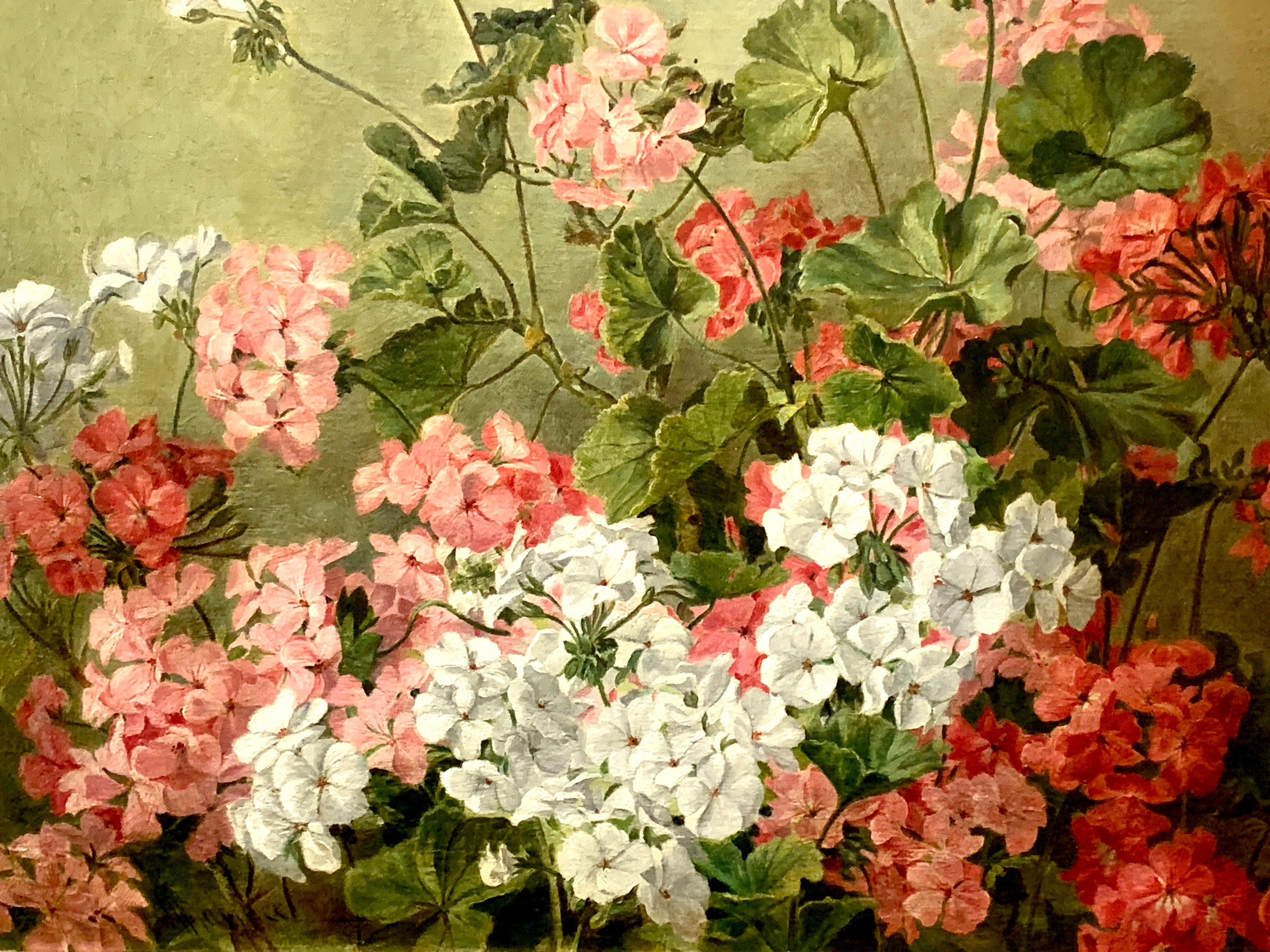 Wonderful English Antique oil on canvas Pink and White Geranium flowers.

Wallace was a painter during the latter part of the 19th century. He painted various subjects, but this is by far the finest still life of flowers I've ever seen him paint.