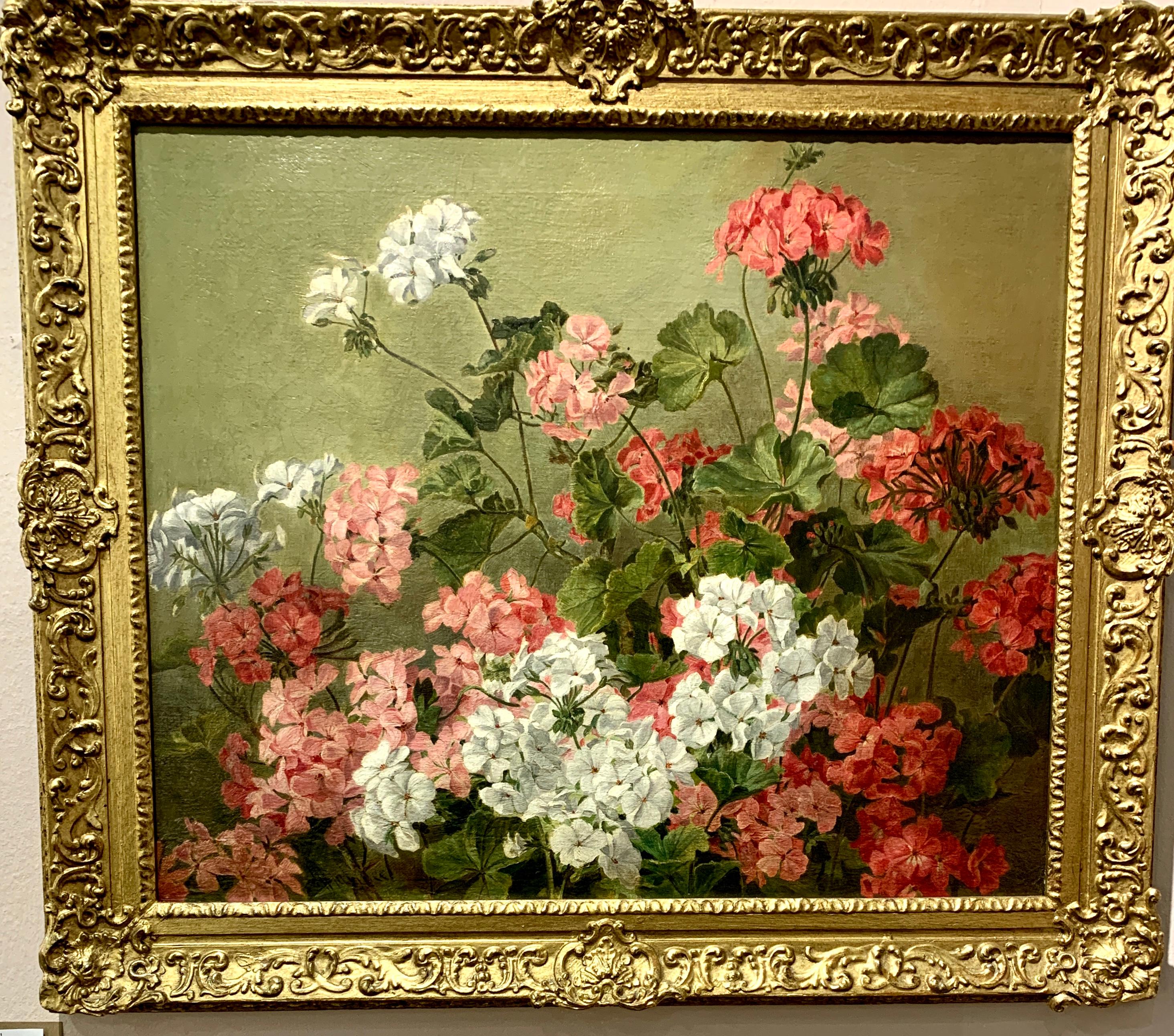 Henry Wallace Landscape Painting - 19th century Antique English study of  Pink and White Geranium Flowers