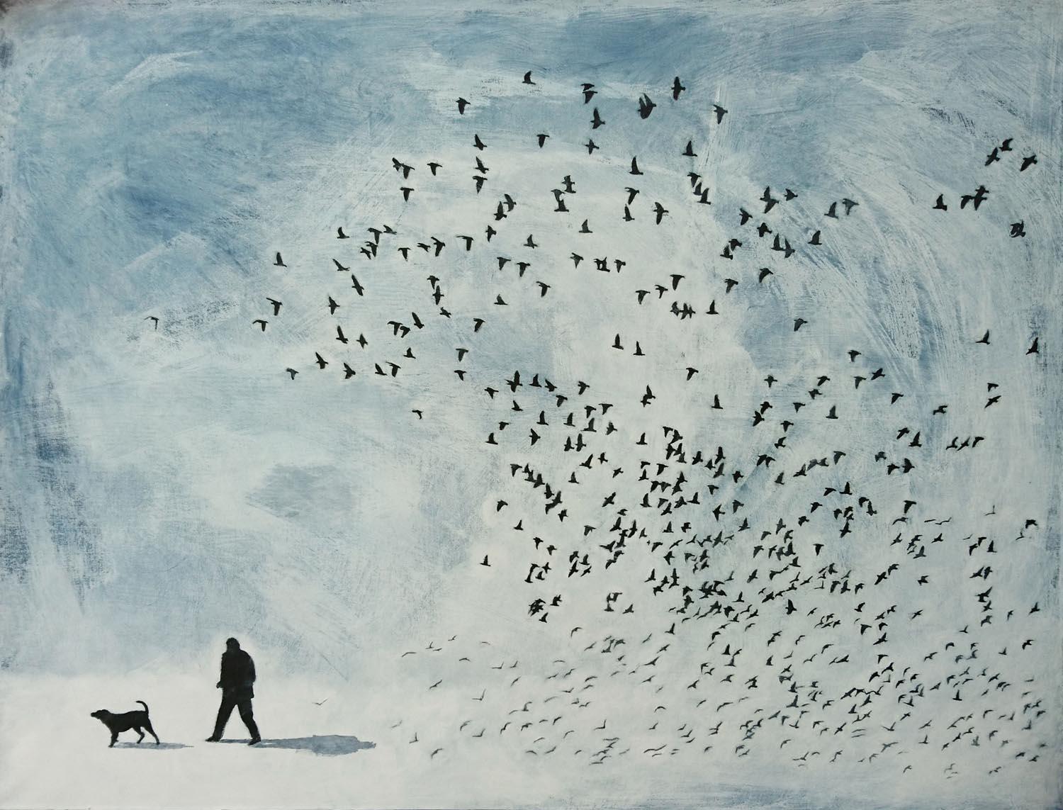 Henry Walsh Figurative Painting - Eluere I, contemporary landscape painting, birds flying 