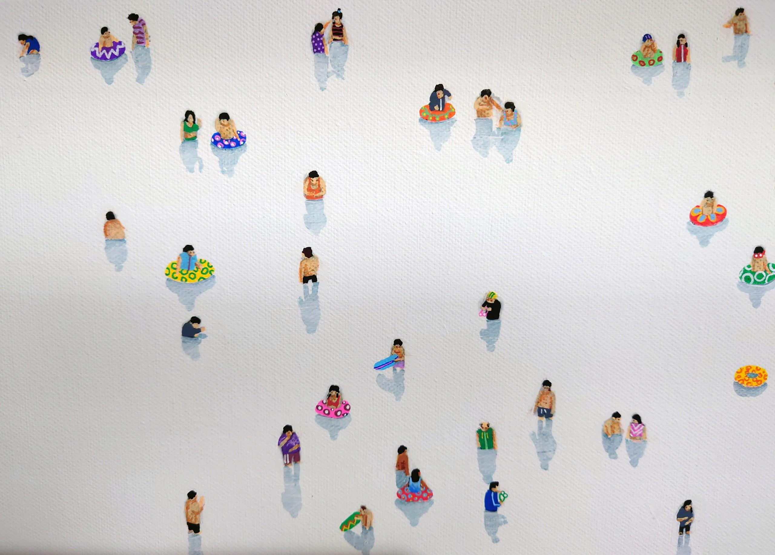 Immerse XXV by Henry Walsh is an original acrylic painting on a 4cm deep canvas that features a supposed busy atmosphere of many people swimming, but at the same time is sparse. Henry Walsh’s work begin with snapshots of busy life and by a process