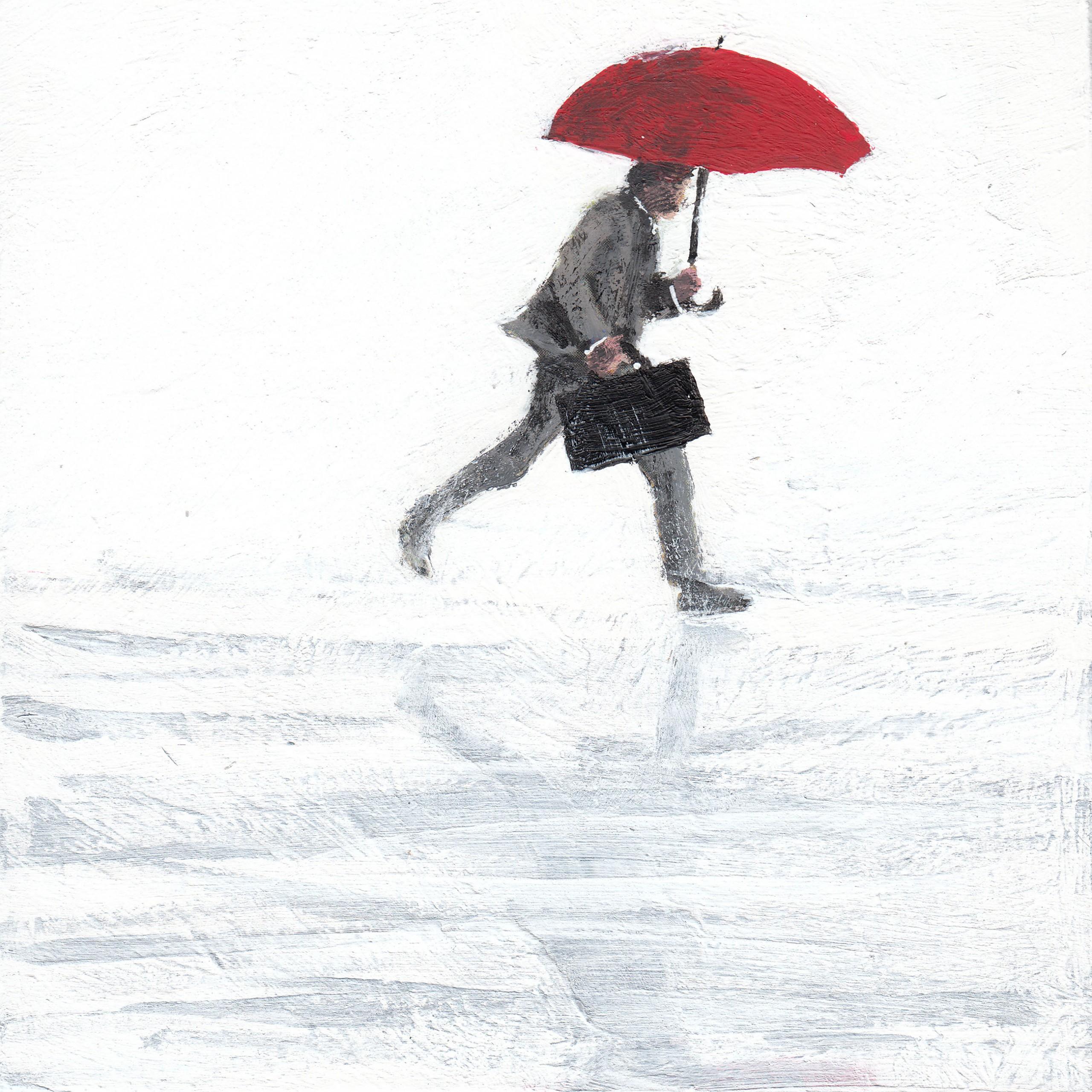Henry Walsh Figurative Painting - Precipitate XXVII, original painting, rain, umbrella, person 