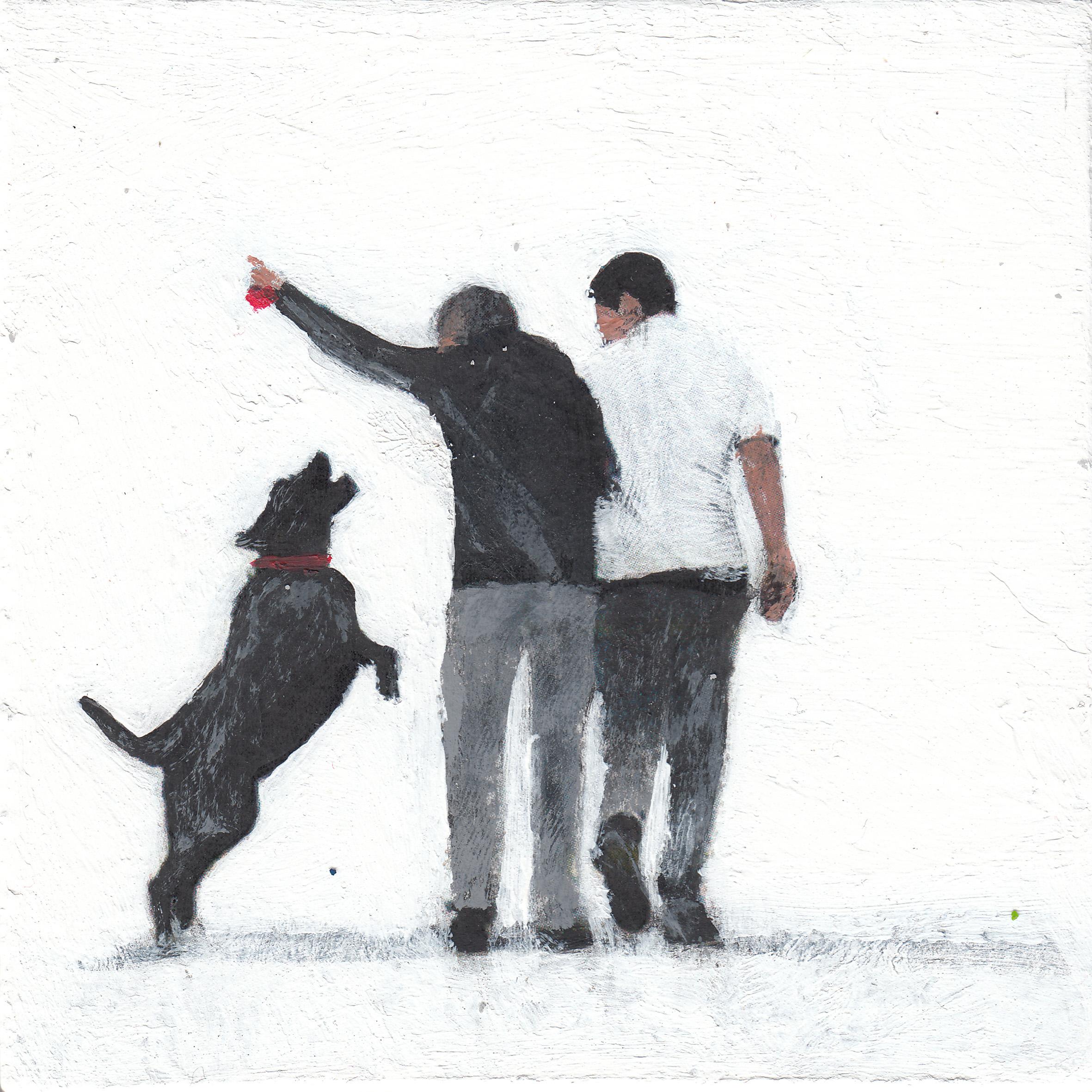 Retrieve I, Original Painting, Landscape, People, Dog, walk - Brown Figurative Painting by Henry Walsh