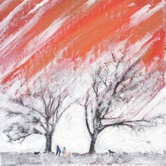 Rime V, peinture figurative de paysage, peinture miniature encadrée, Red Sky Art