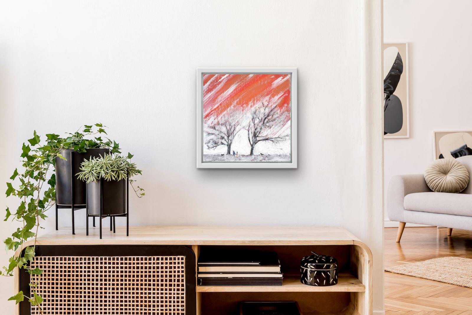 Rime V, Original Painting, Tree, Sky, People, Dog, Red, White, Black For Sale 1
