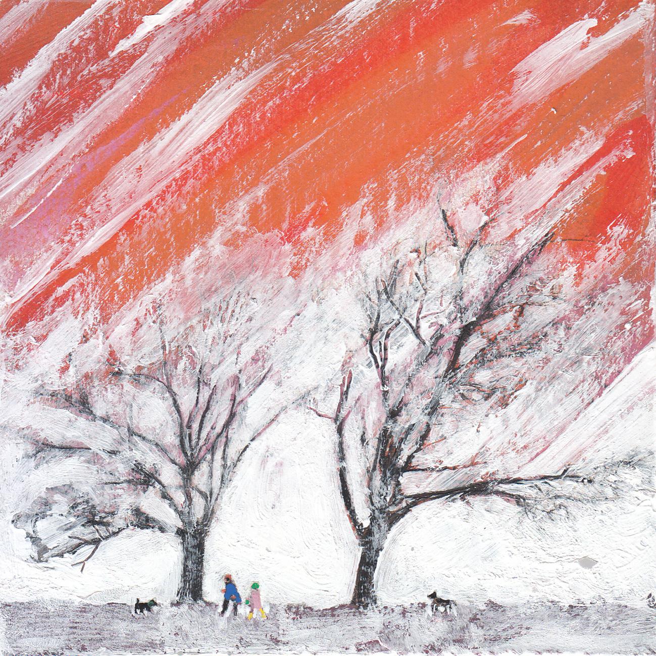 Rime V, Original Painting, Tree, Sky, People, Dog, Red, White, Black
