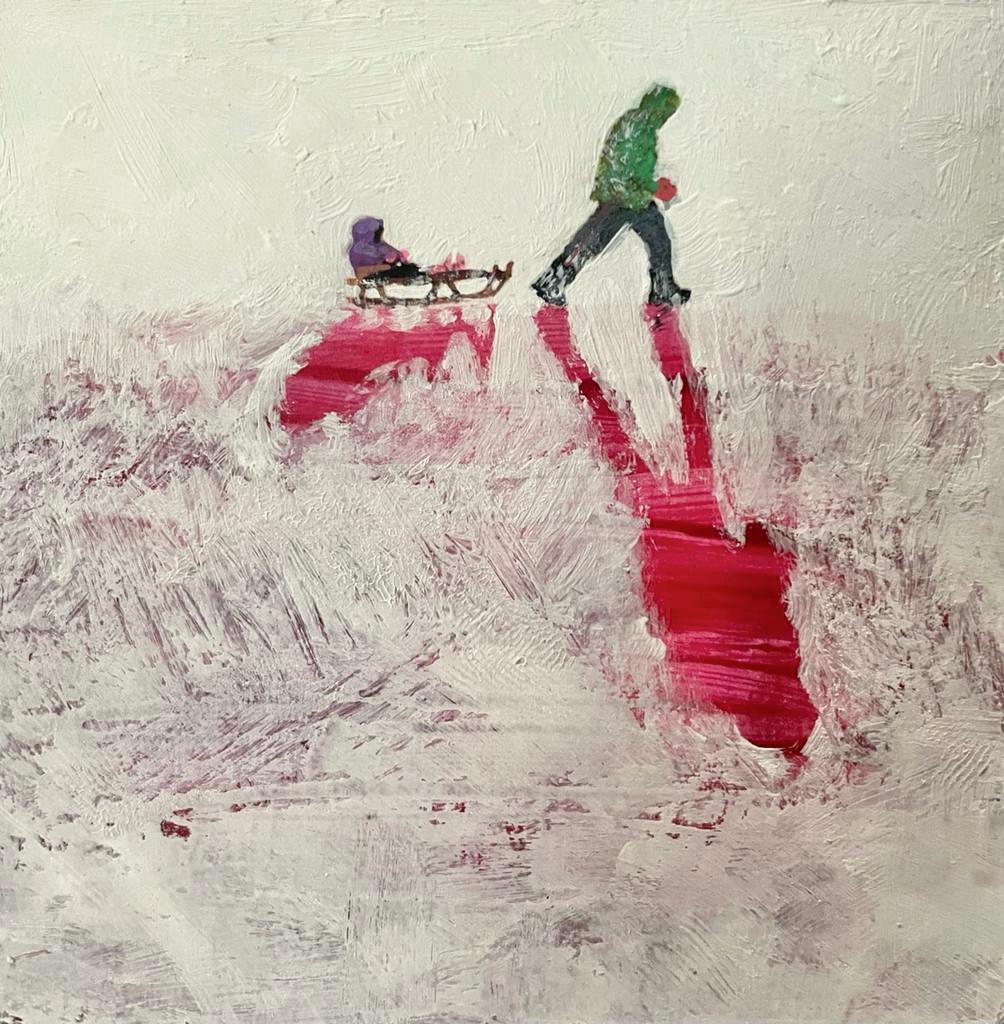 Skirr VII is an original figurative painting by artist Henry Walsh. The scene captures a sweet depiction of a man pulling a sleigh with his child on.
Henry Walsh artist's works are available to buy online with Wychwood art and in our art gallery.