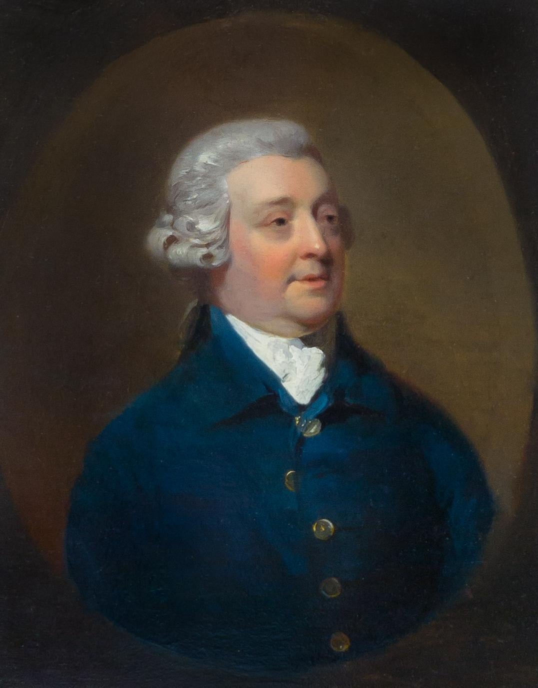Fine Portrait of Gentleman in Blue Coat & Powdered Wig c.1775, Rare Oil on Panel - Painting by Henry Walton