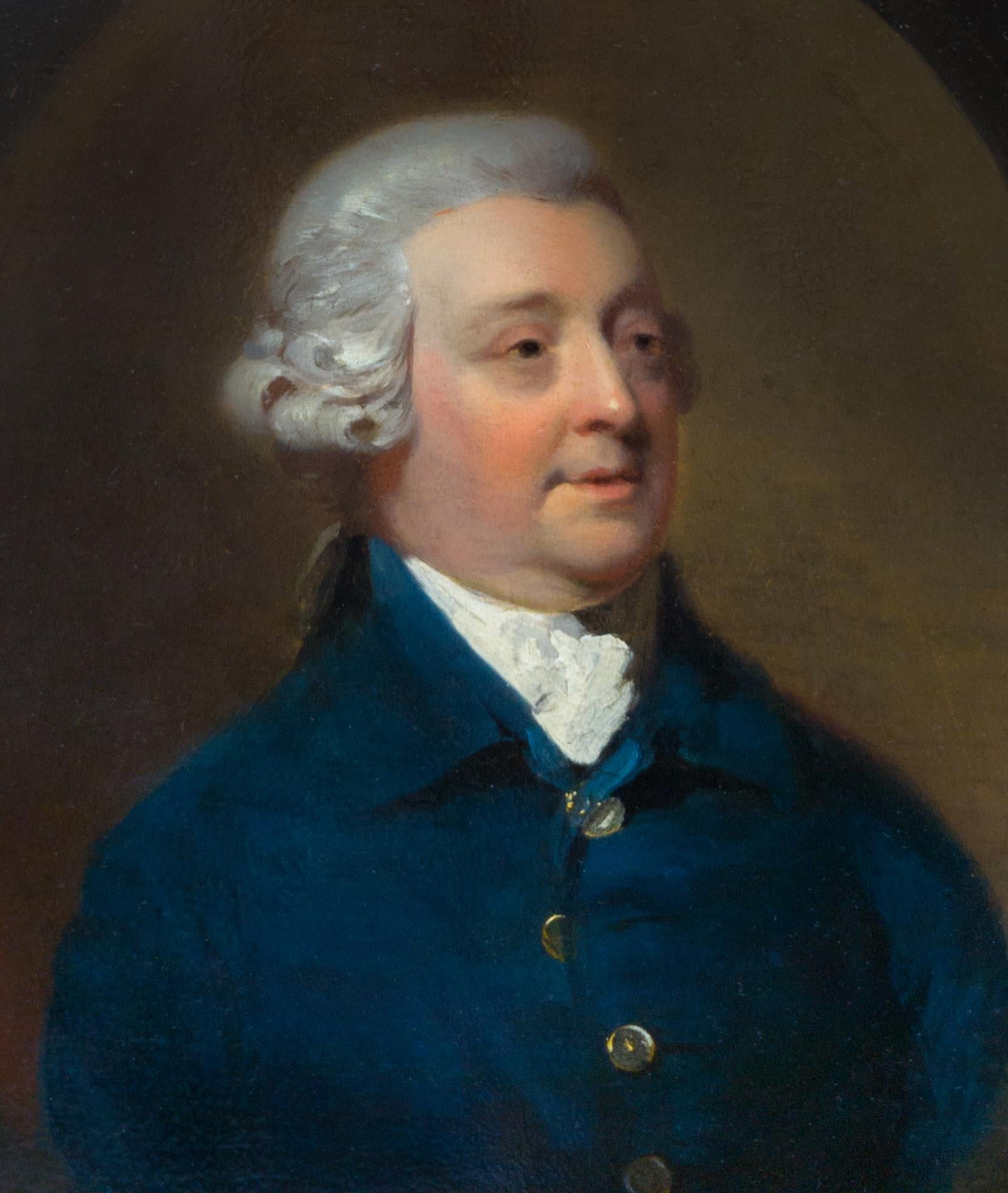 Fine Portrait of Gentleman in Blue Coat & Powdered Wig c.1775, Rare Oil on Panel - Old Masters Painting by Henry Walton