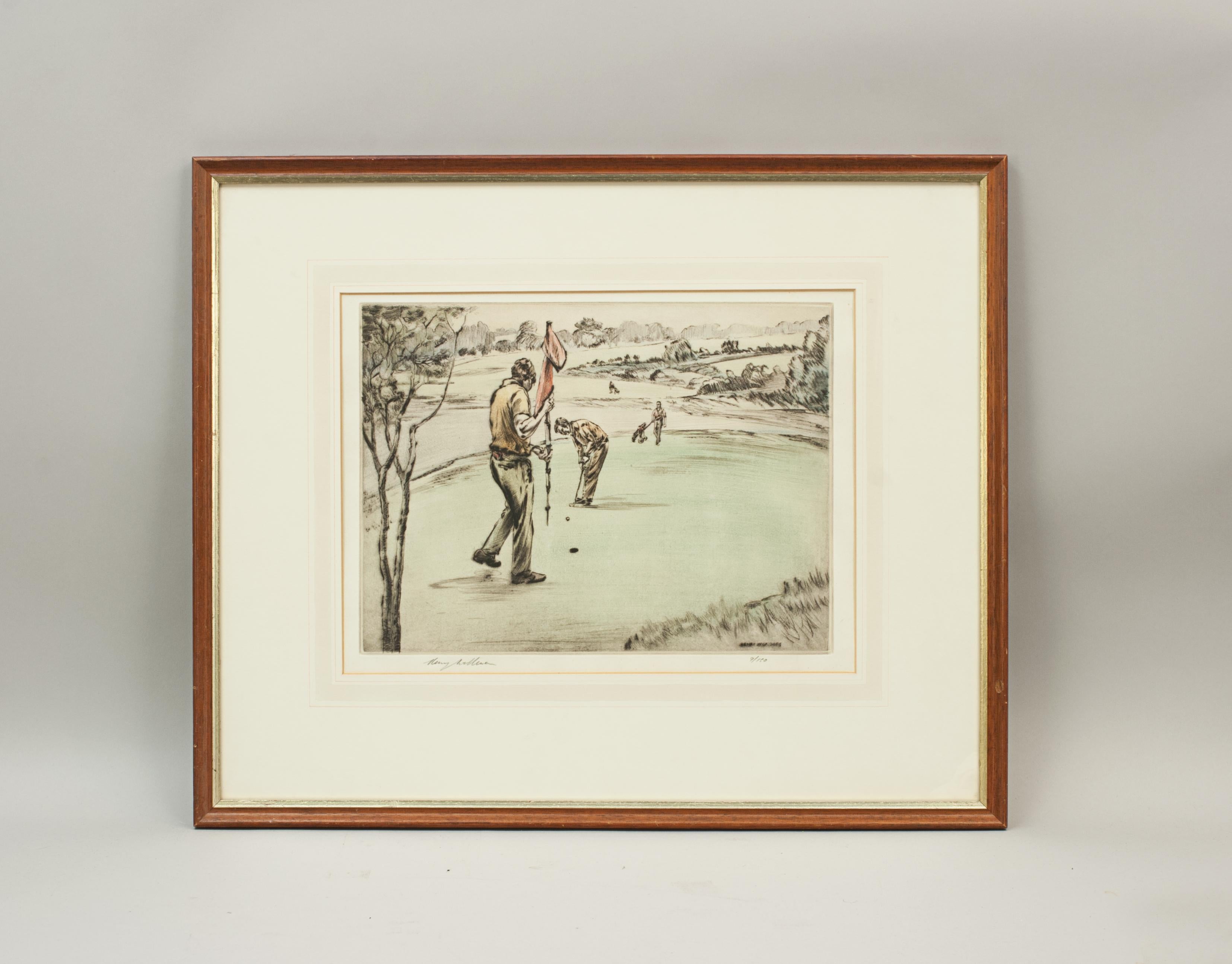 Limited Edition Wilkinson Golf Picture.
A good colourful drypoint etching by Henry Wilkinson showing a gentleman putting and his partner manning the flag. Two more golfers with trolleys can be seen in the background. Numbered 9 of a run of 150 and