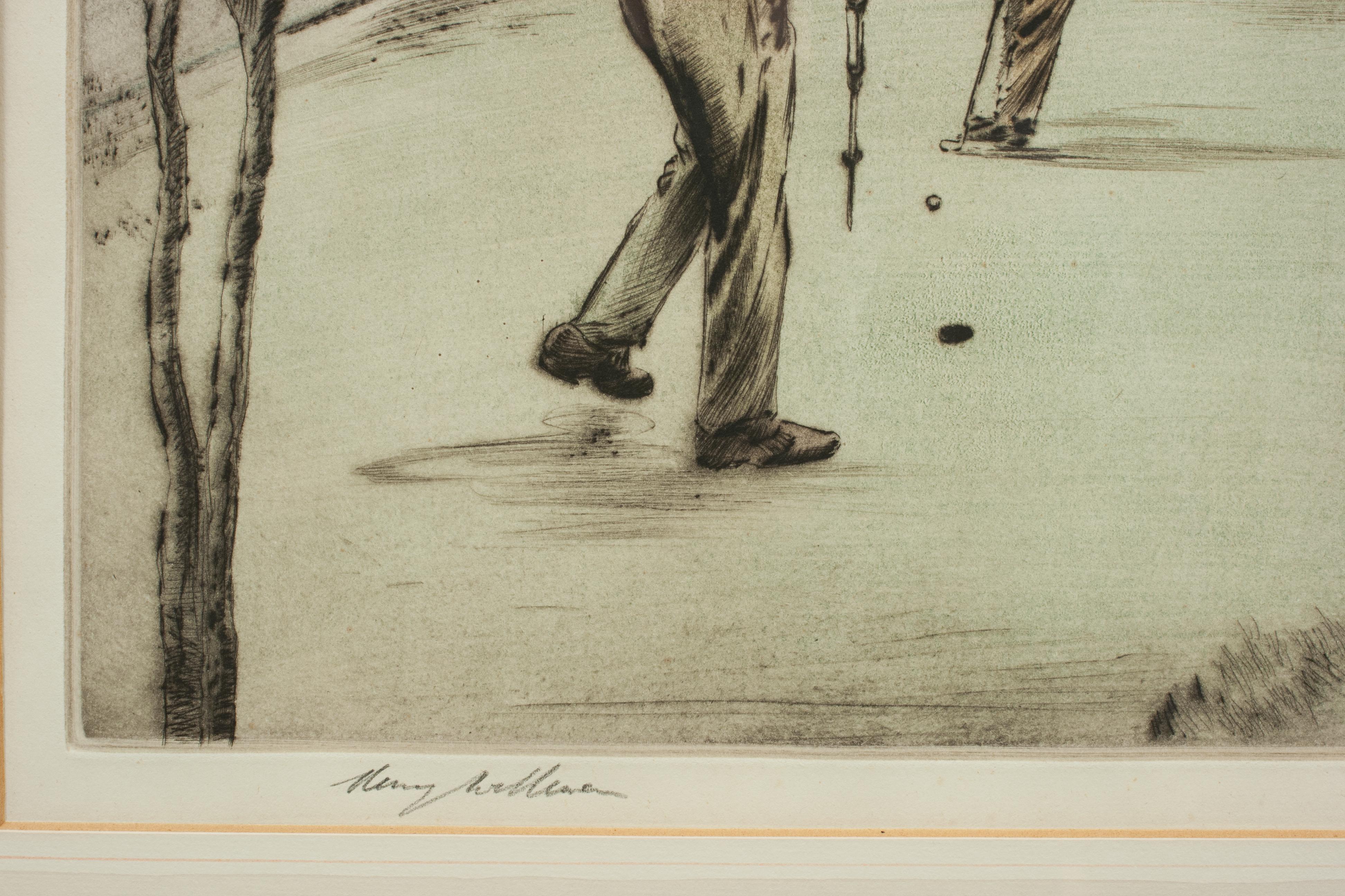 English Henry Wilkinson Dry Point Golf Etching, Golfers on the Green, Ltd Edition