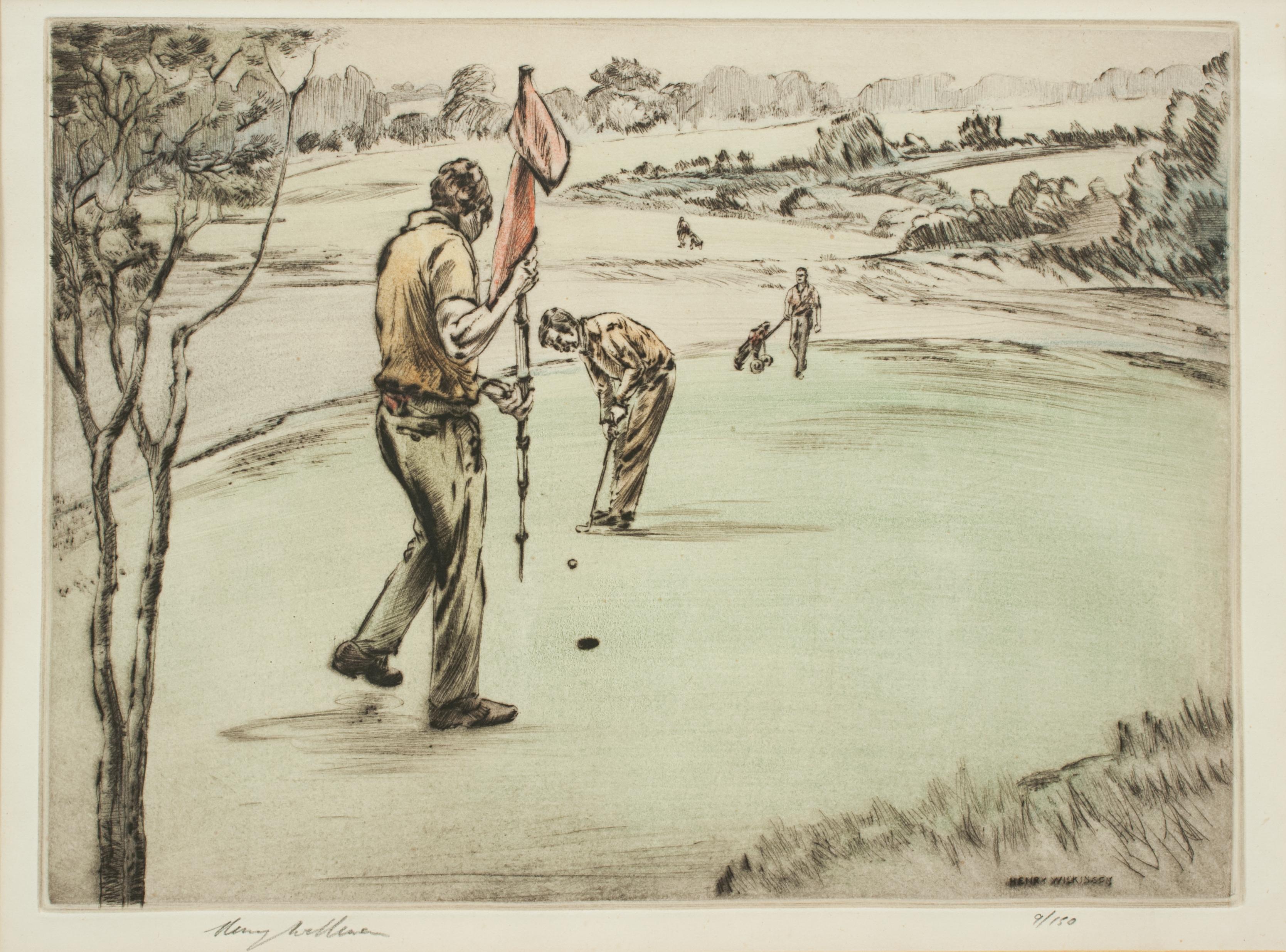 Mid-20th Century Henry Wilkinson Dry Point Golf Etching, Golfers on the Green, Ltd Edition
