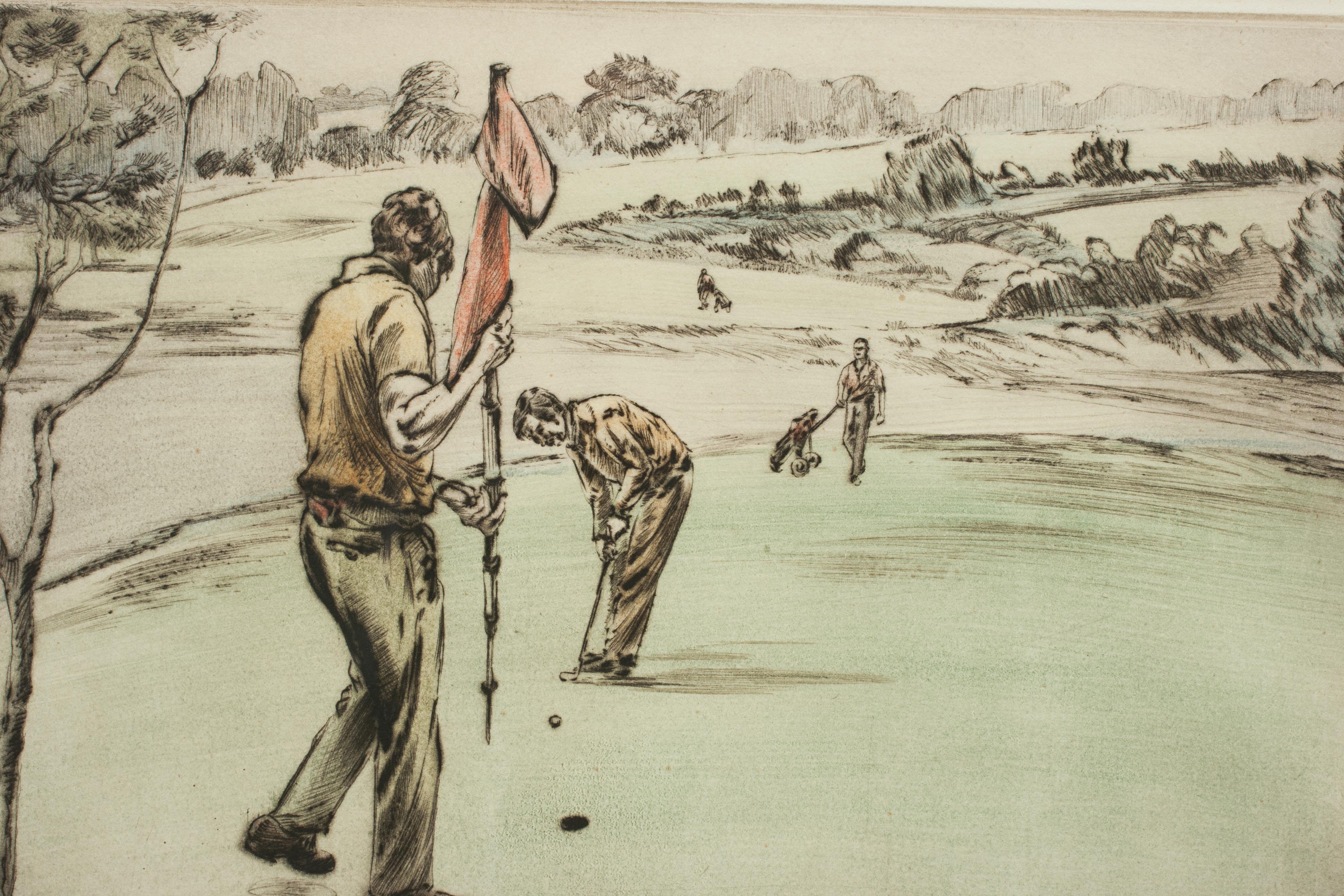 Henry Wilkinson Dry Point Golf Etching, Golfers on the Green, Ltd Edition 1