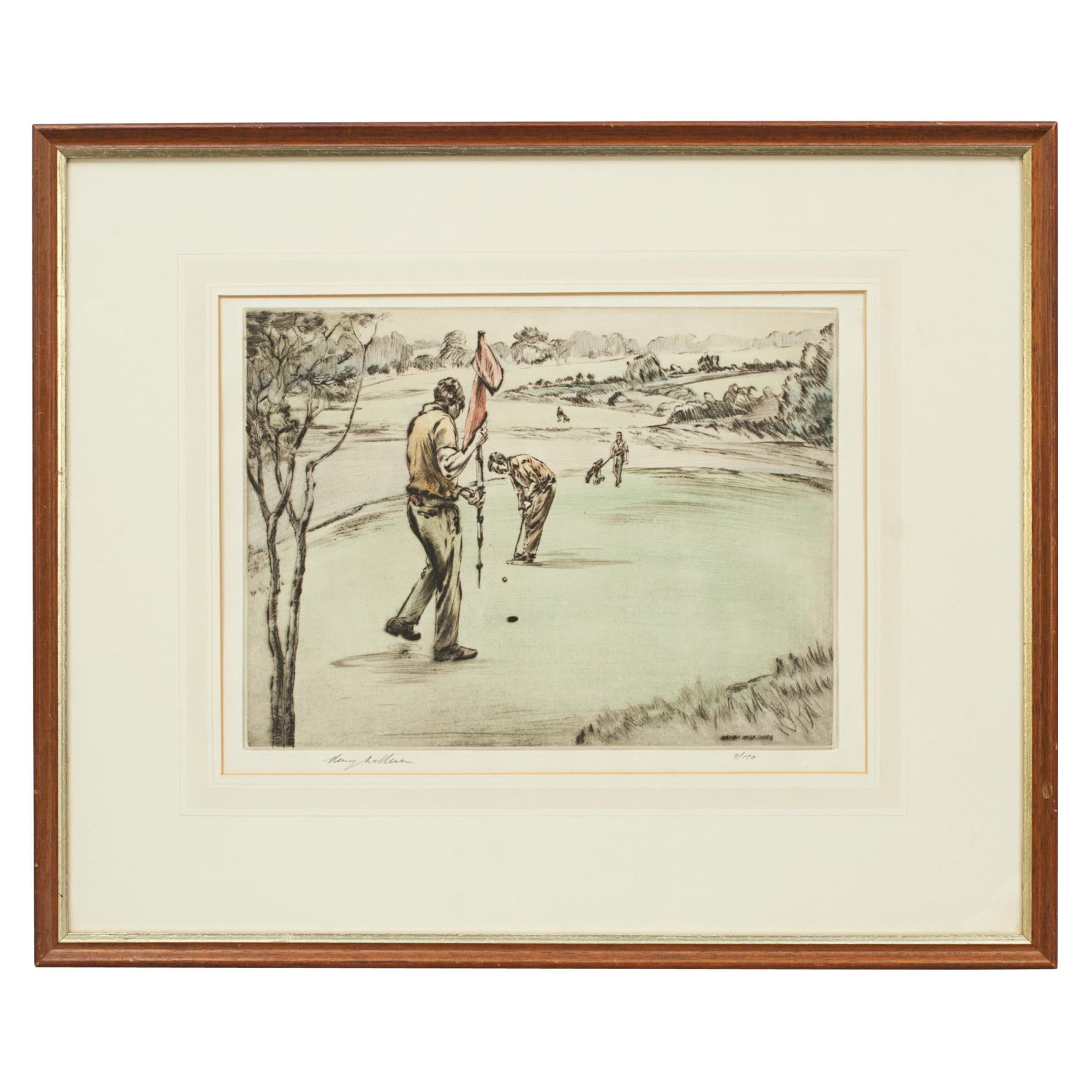Henry Wilkinson Dry Point Golf Etching, Golfers on the Green, Ltd Edition