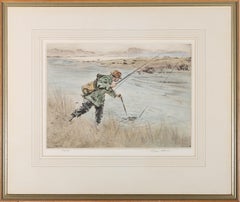 Henry Wilkinson RE (1921-2011) - Framed Etching, Landing the Salmon
