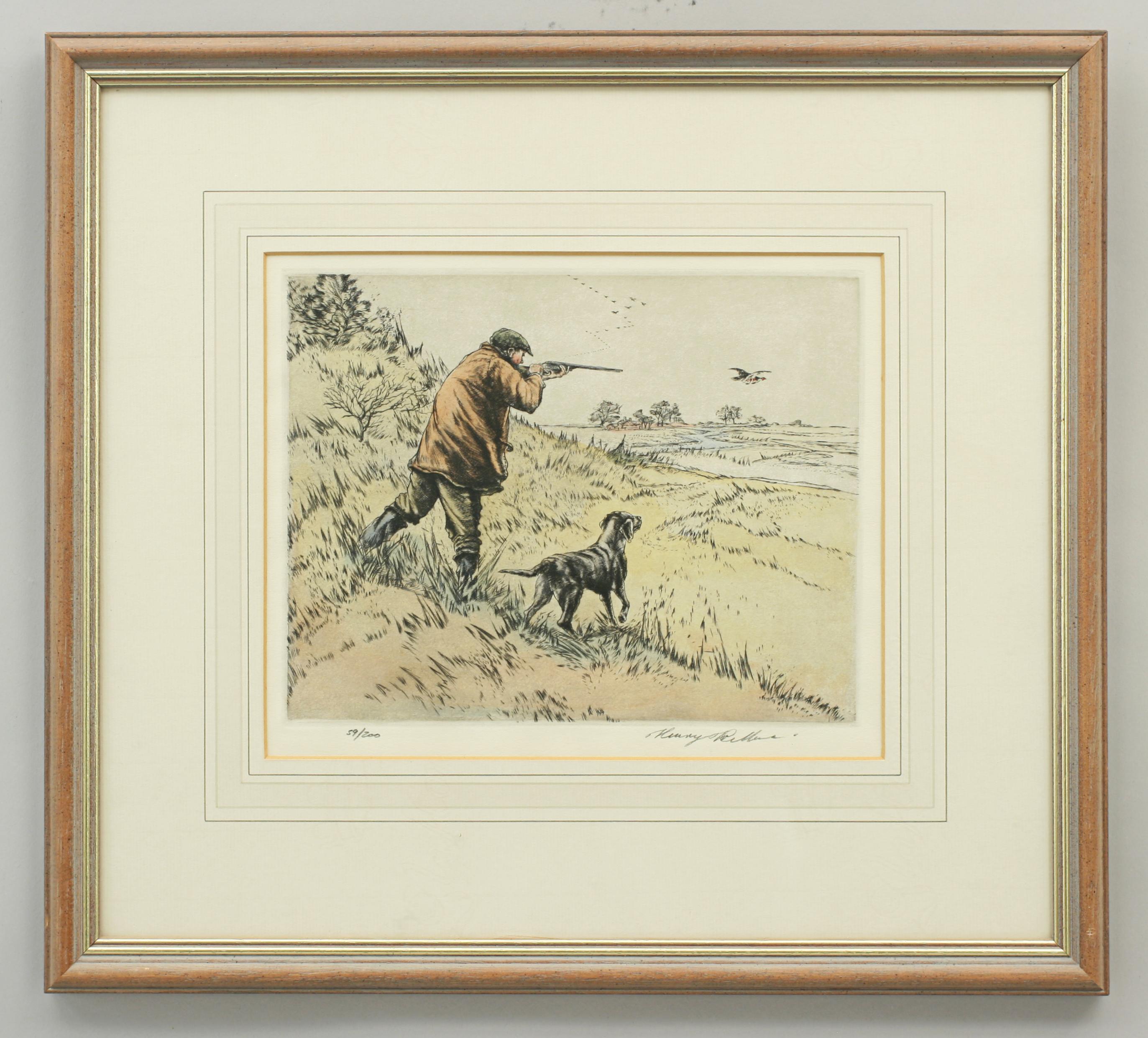 Limited Edition Wilkinson shooting picture.
A good colorful drypoint etching by Henry Wilkinson showing a gentleman with his shot gun levelled at a low flying game bird with his black retriever poised ready to run and fetch the bird . Numbered 59